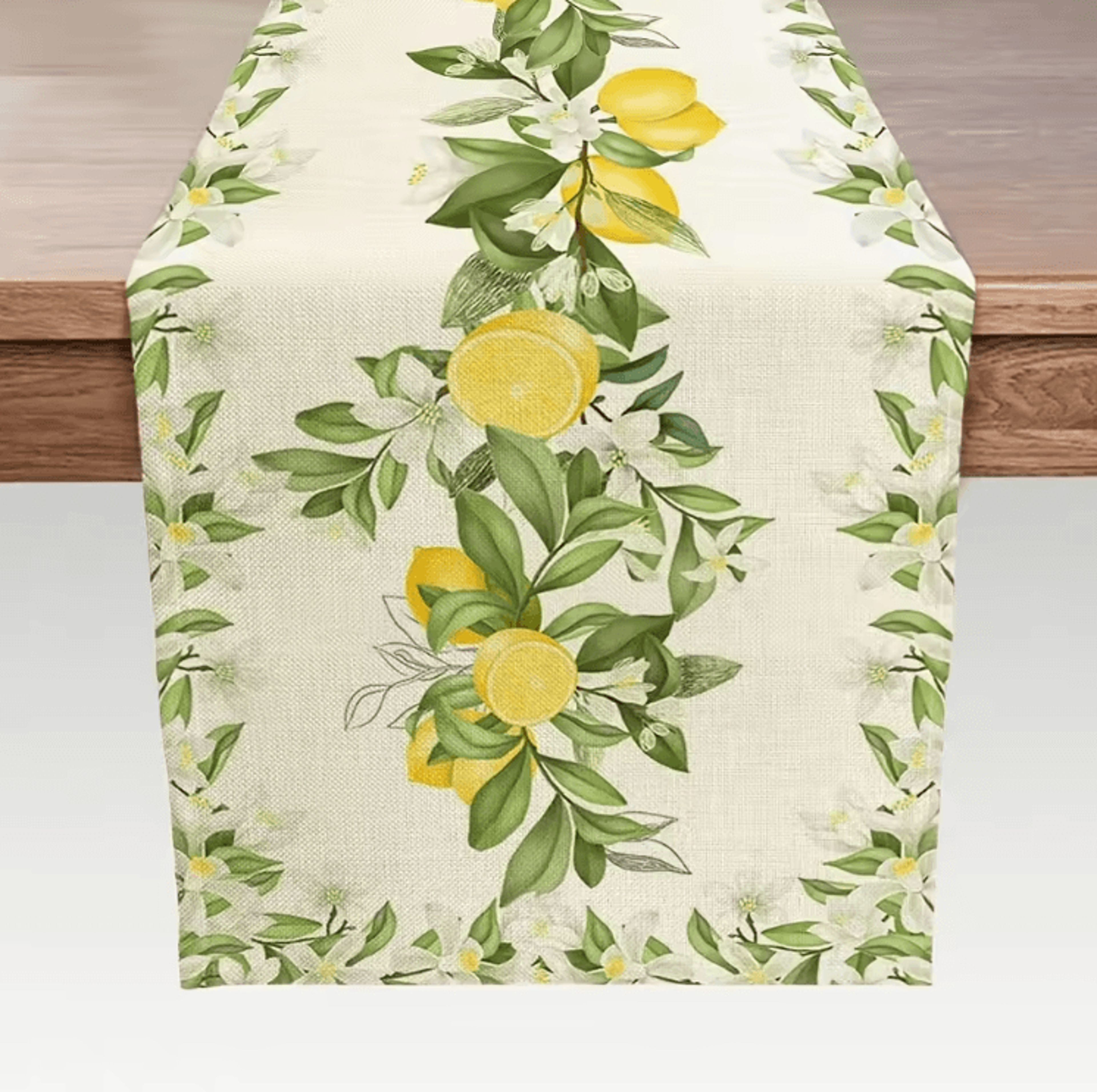 Fresh Lemon Blossom Linen Table Runner  Bright Lemon Table Runner With Floral Leaves For Summer Far 0
