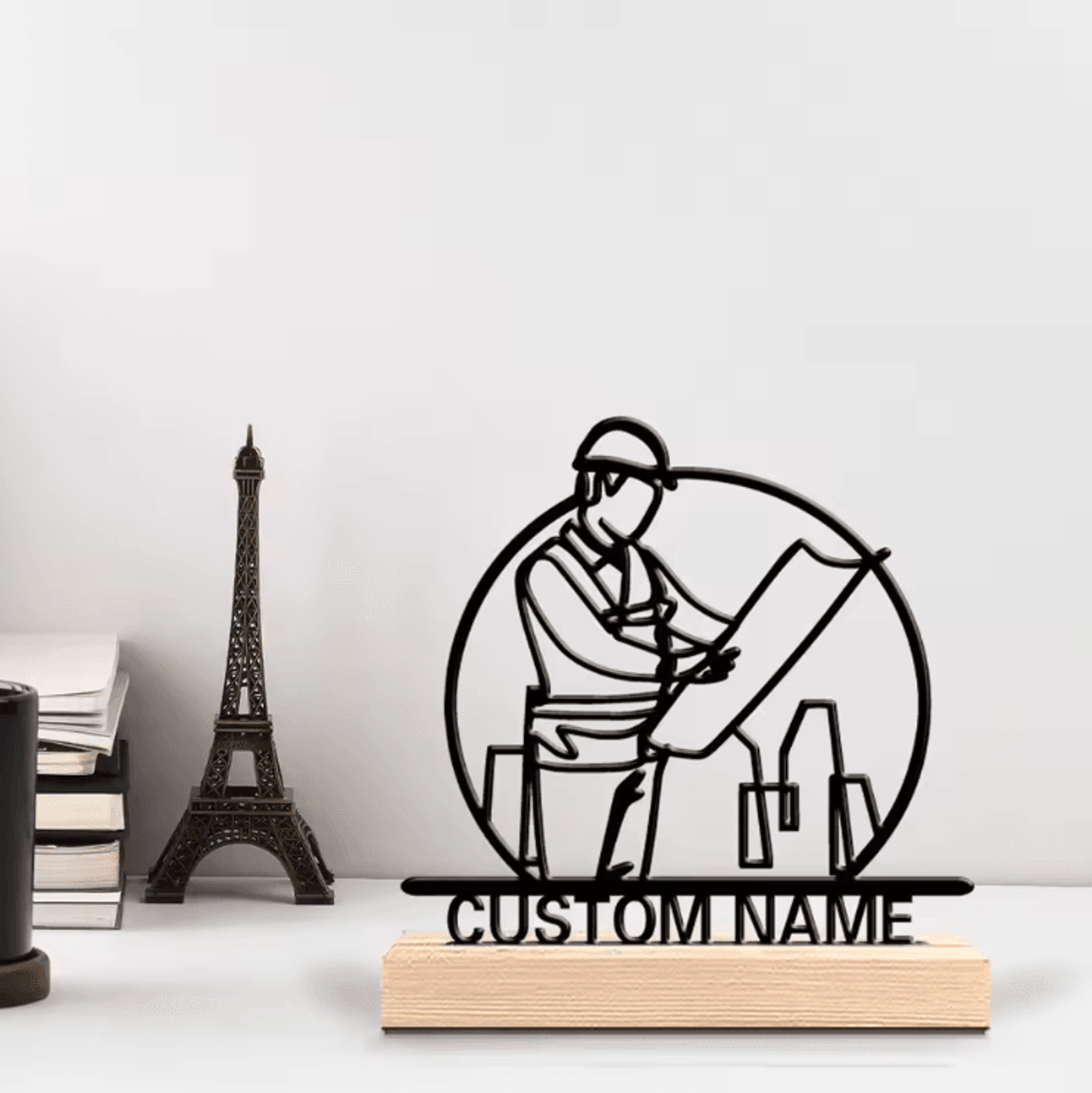 Personalized Architect Metal Sculpture  Custom Architect Desk Decor With Wooden Base For Office  Cr 1