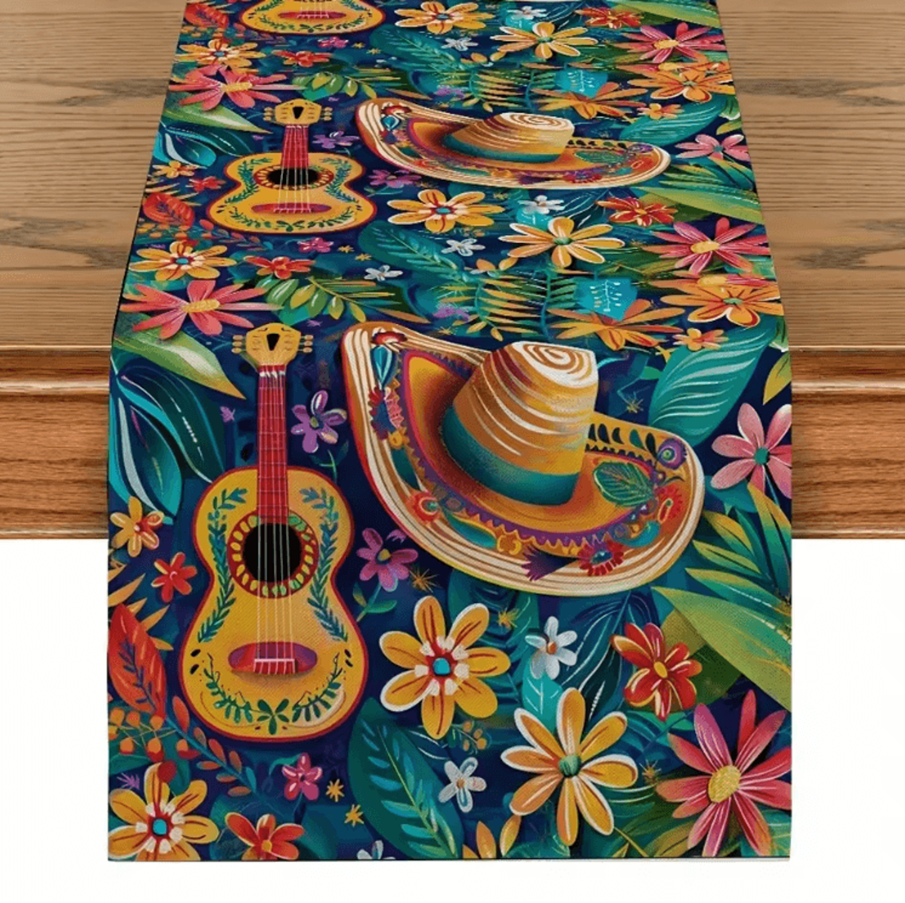 Vibrant Mexican Fiesta Table Runner  Colorful Cactus  Day Of The Dead Linen Decor 3