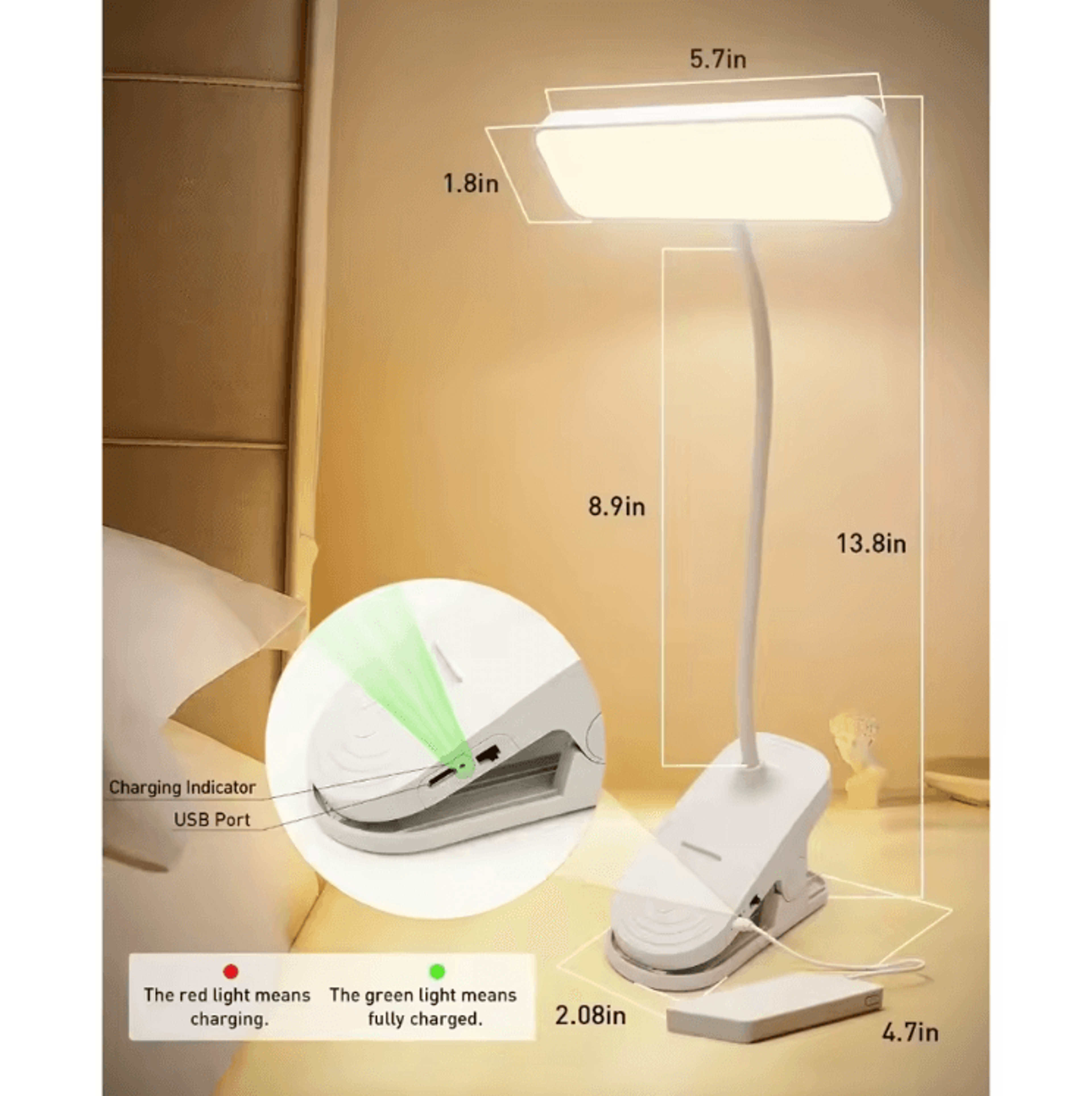 USB Rechargeable ClipOn LED Desk Lamp  Flexible Gooseneck EyeCare Reading Light 2