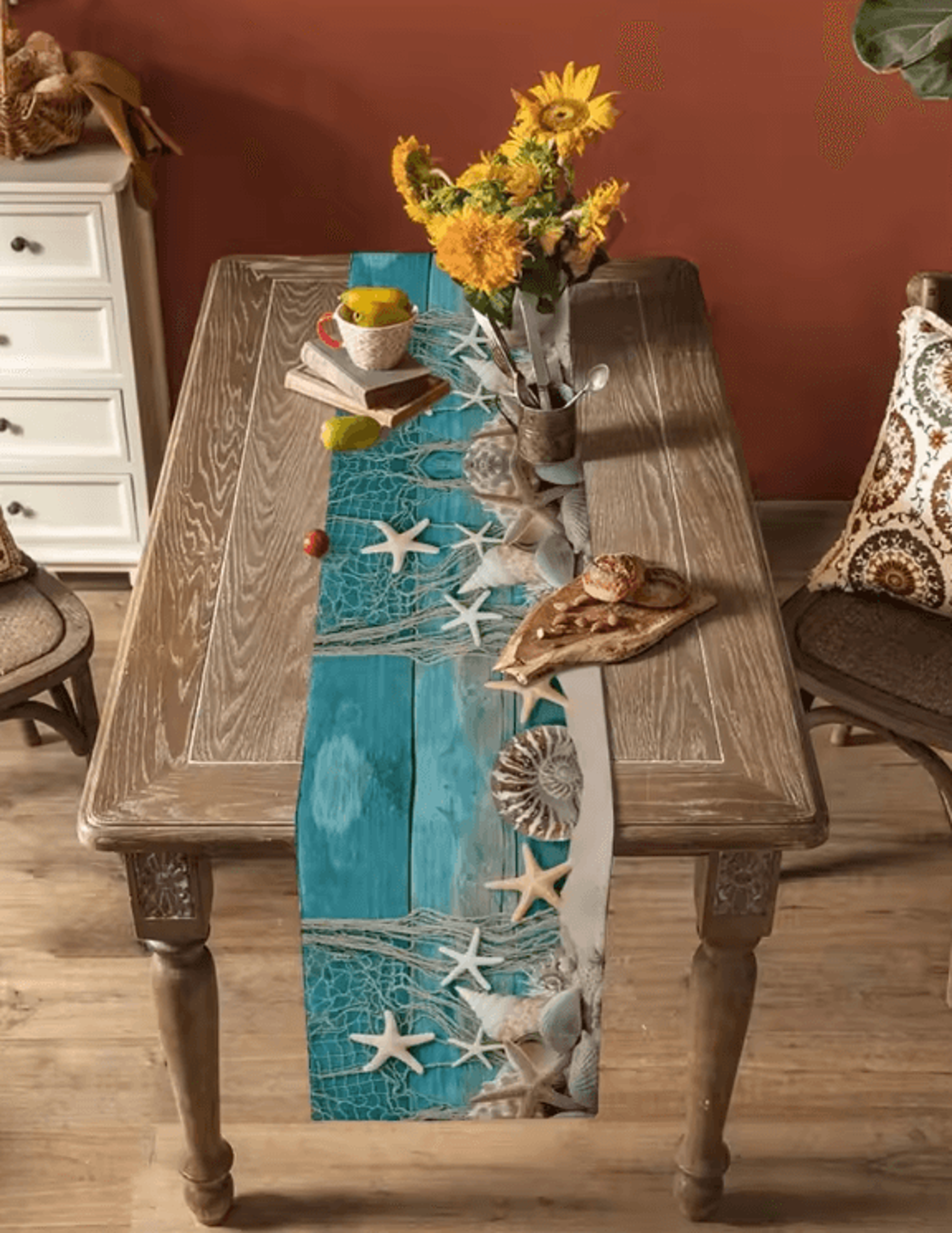 Coastal Starfish Linen Table Runner  Blue Ocean Beach Dining Decor 3