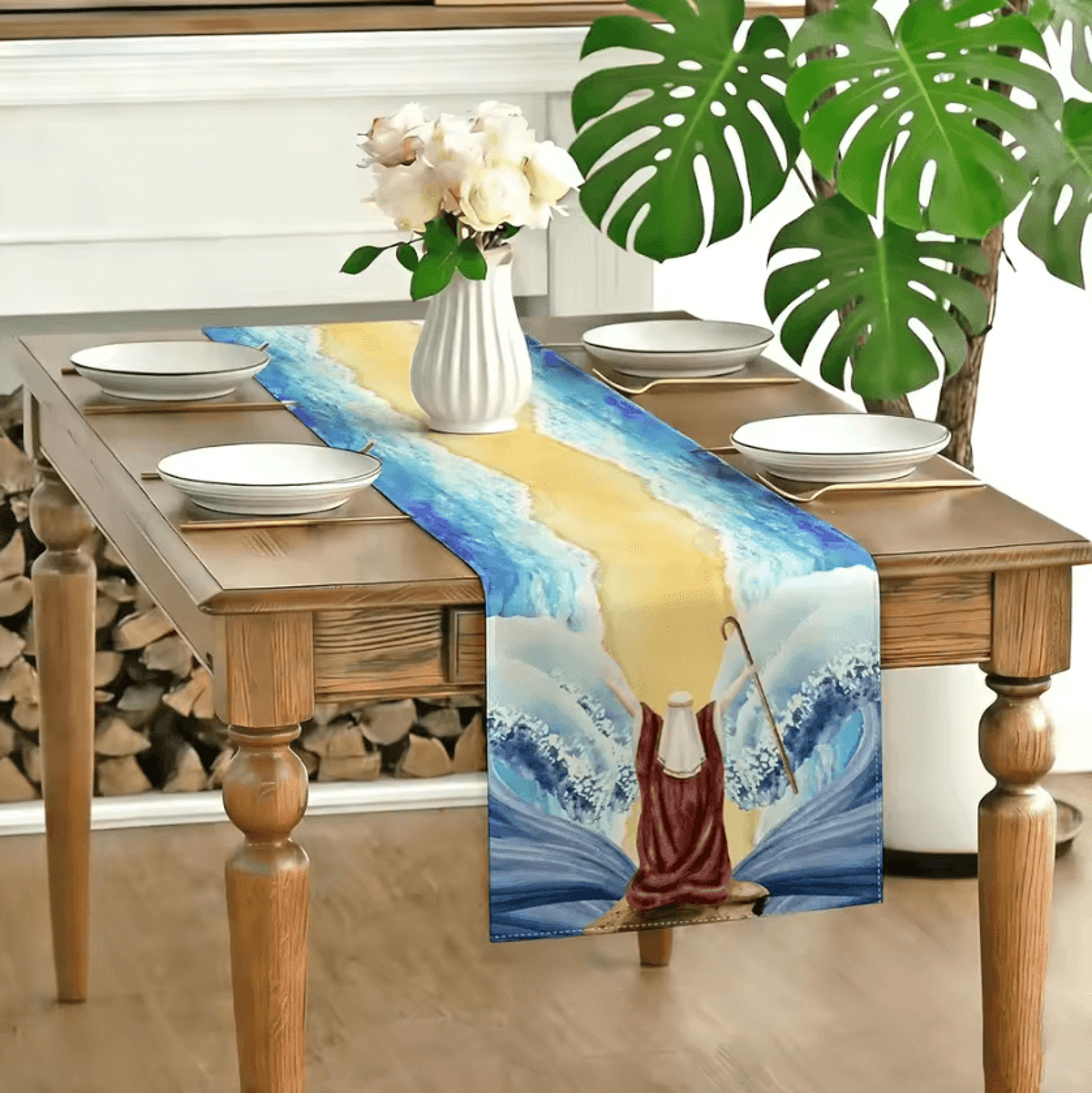 Passover Linen Table Runner  Red Sea Design Pesach Festival Dining Decor 1