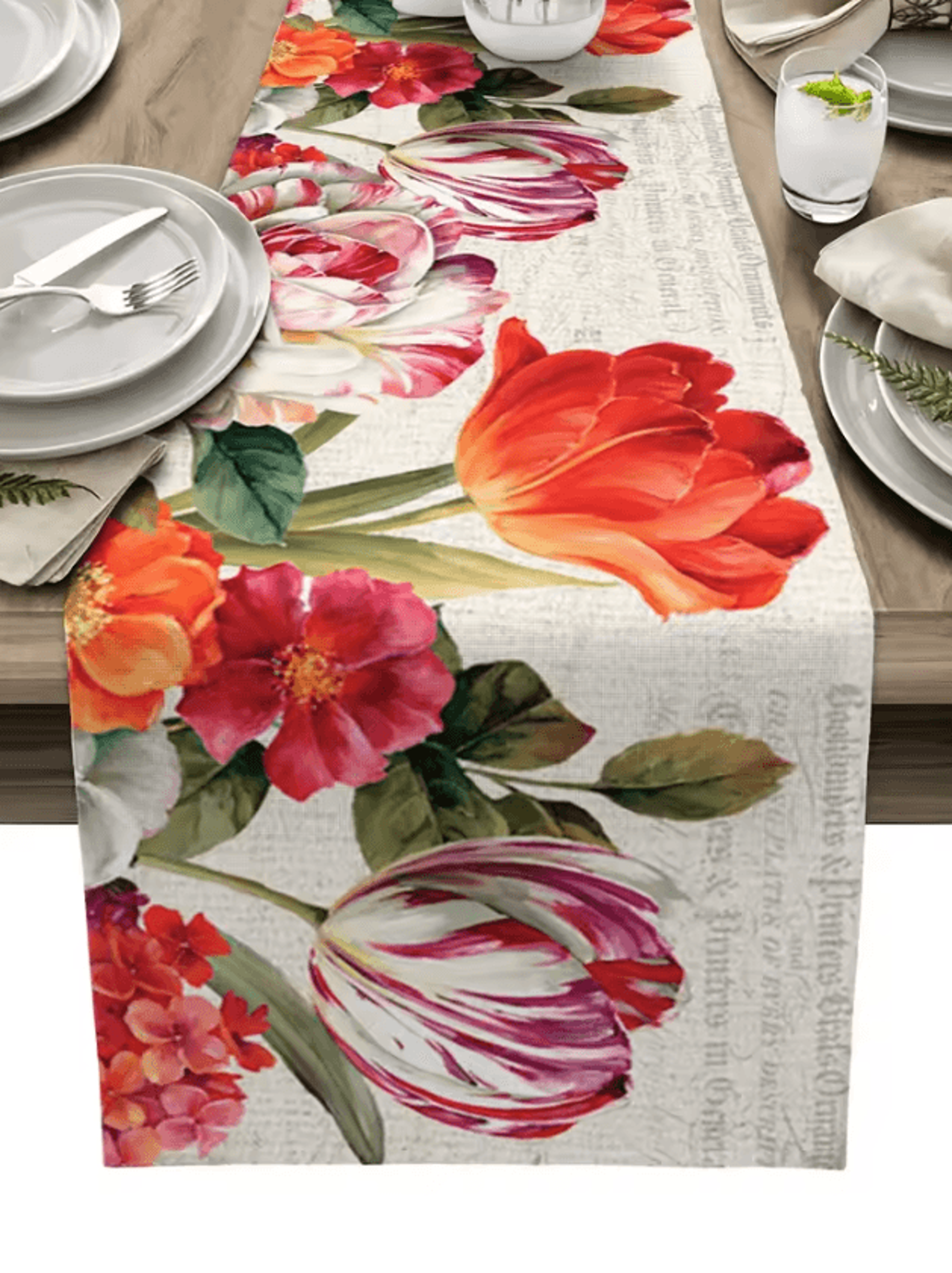 Vintage Tulip Floral Linen Table Runner  Farmhouse Oil Painting Style Dining Decor 1