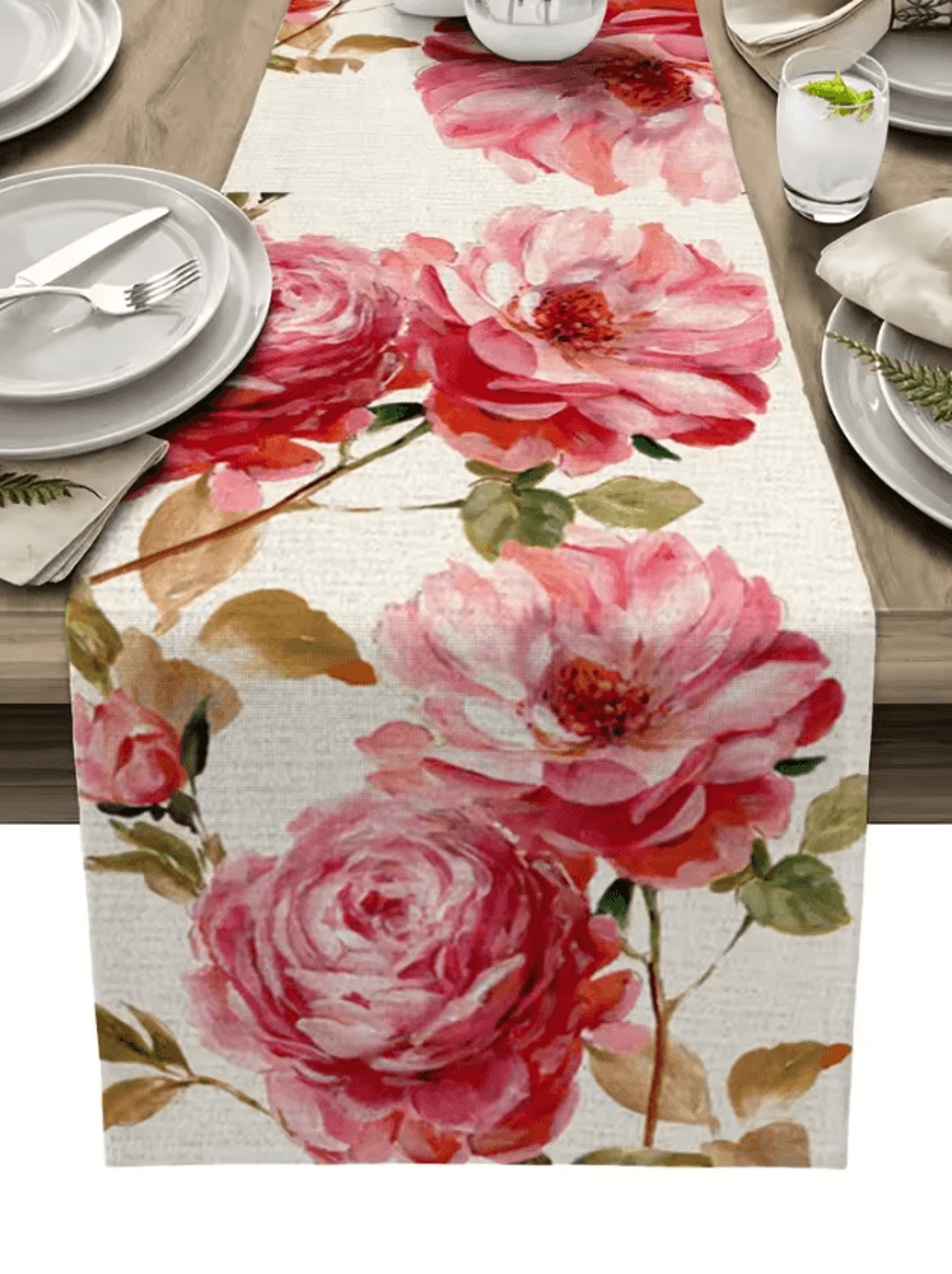 Vintage Tulip Floral Linen Table Runner  Farmhouse Oil Painting Style Dining Decor 2