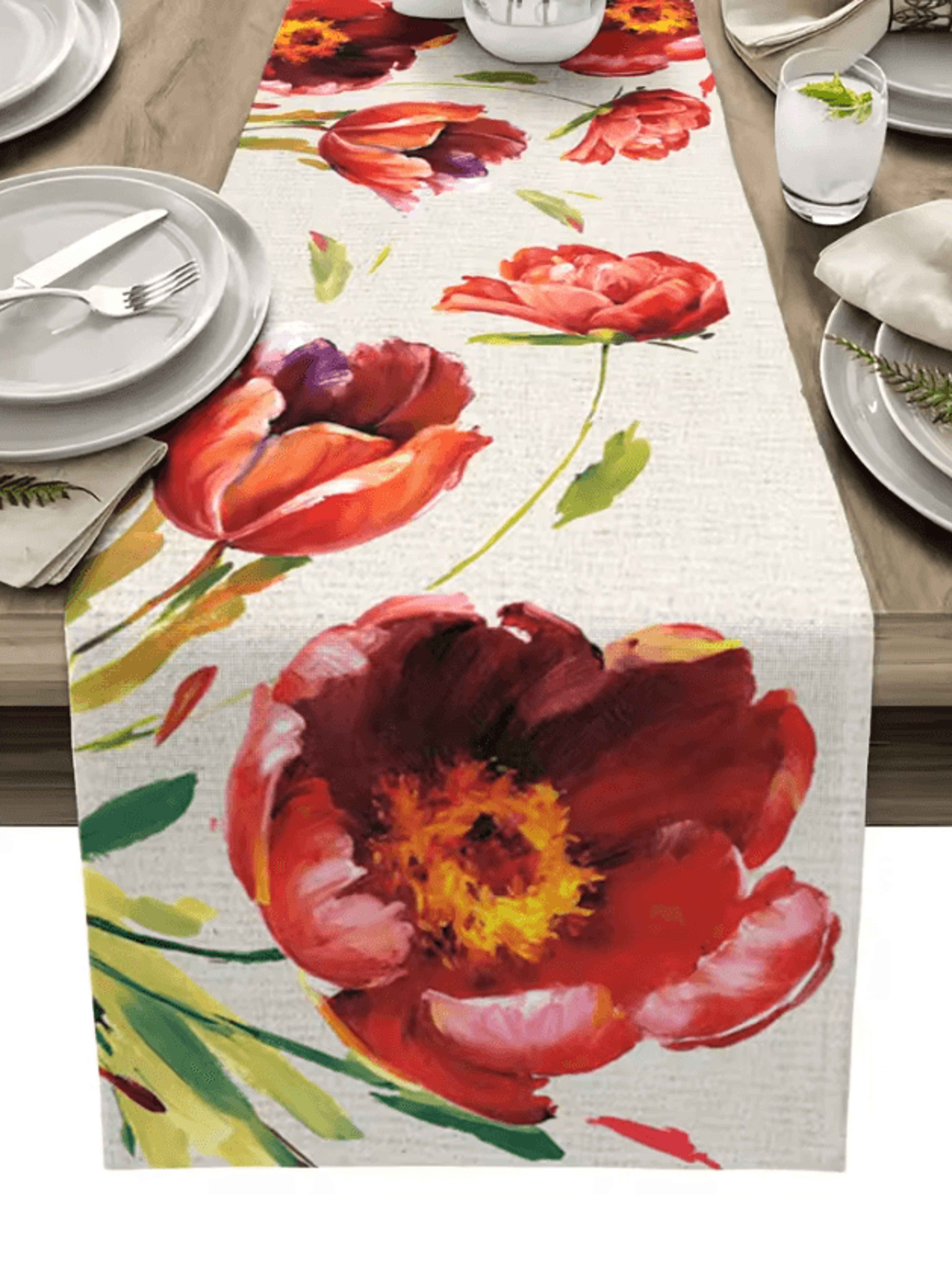 Vintage Tulip Floral Linen Table Runner  Farmhouse Oil Painting Style Dining Decor 3