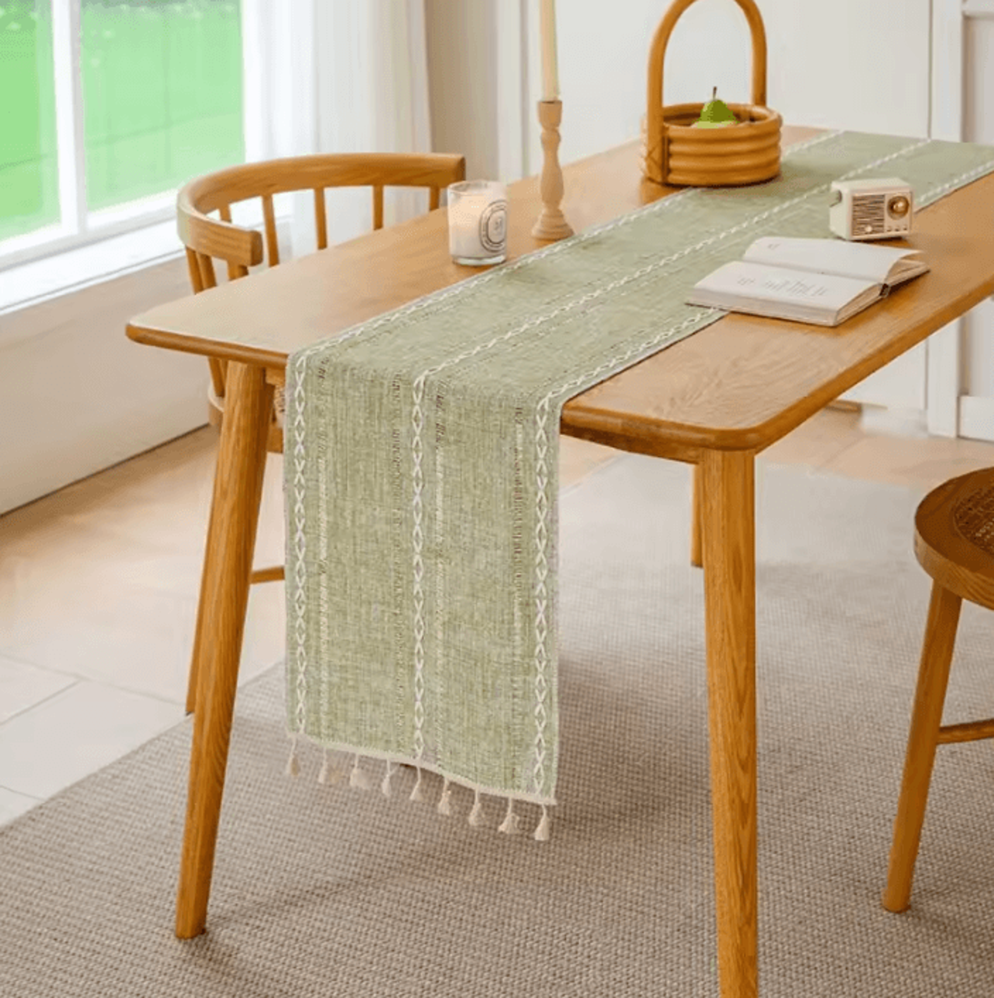 Boho Green Table Runner With Tassels  Rustic Cotton Linen Farmhouse Dining Decor 1