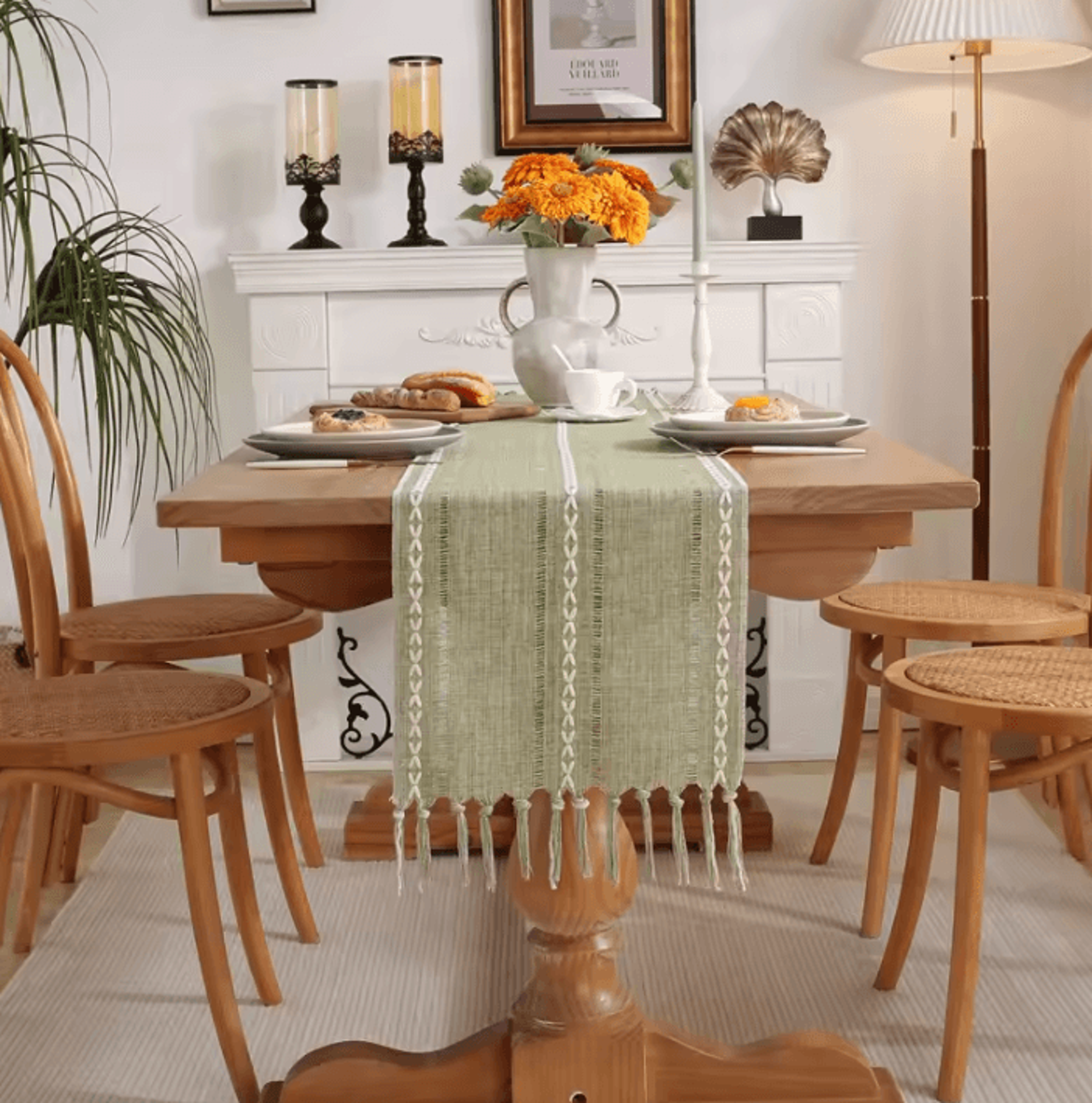 Boho Green Table Runner With Tassels  Rustic Cotton Linen Farmhouse Dining Decor 3