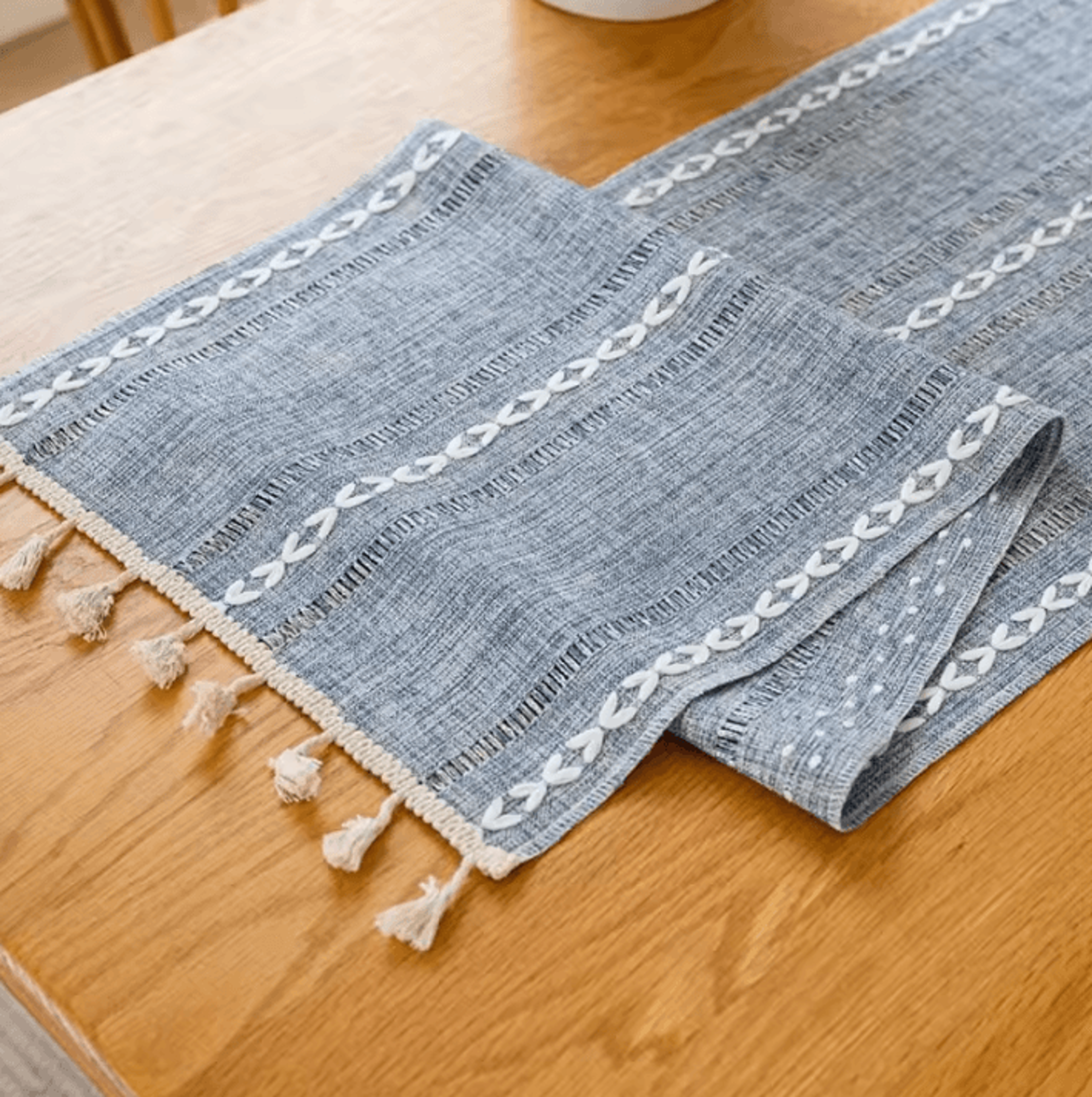 Boho Green Table Runner With Tassels  Rustic Cotton Linen Farmhouse Dining Decor 5