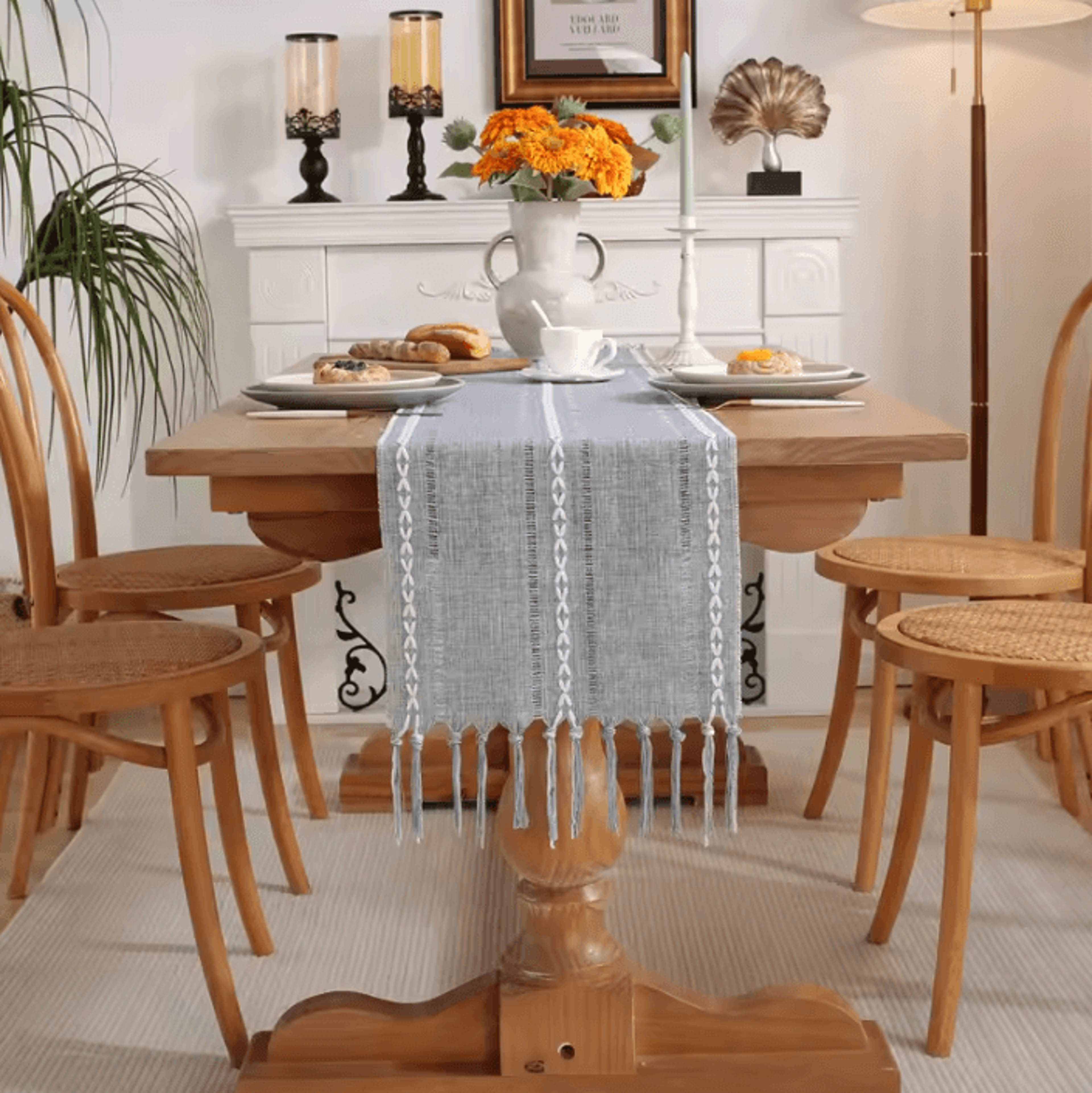 Boho Green Table Runner With Tassels  Rustic Cotton Linen Farmhouse Dining Decor 6