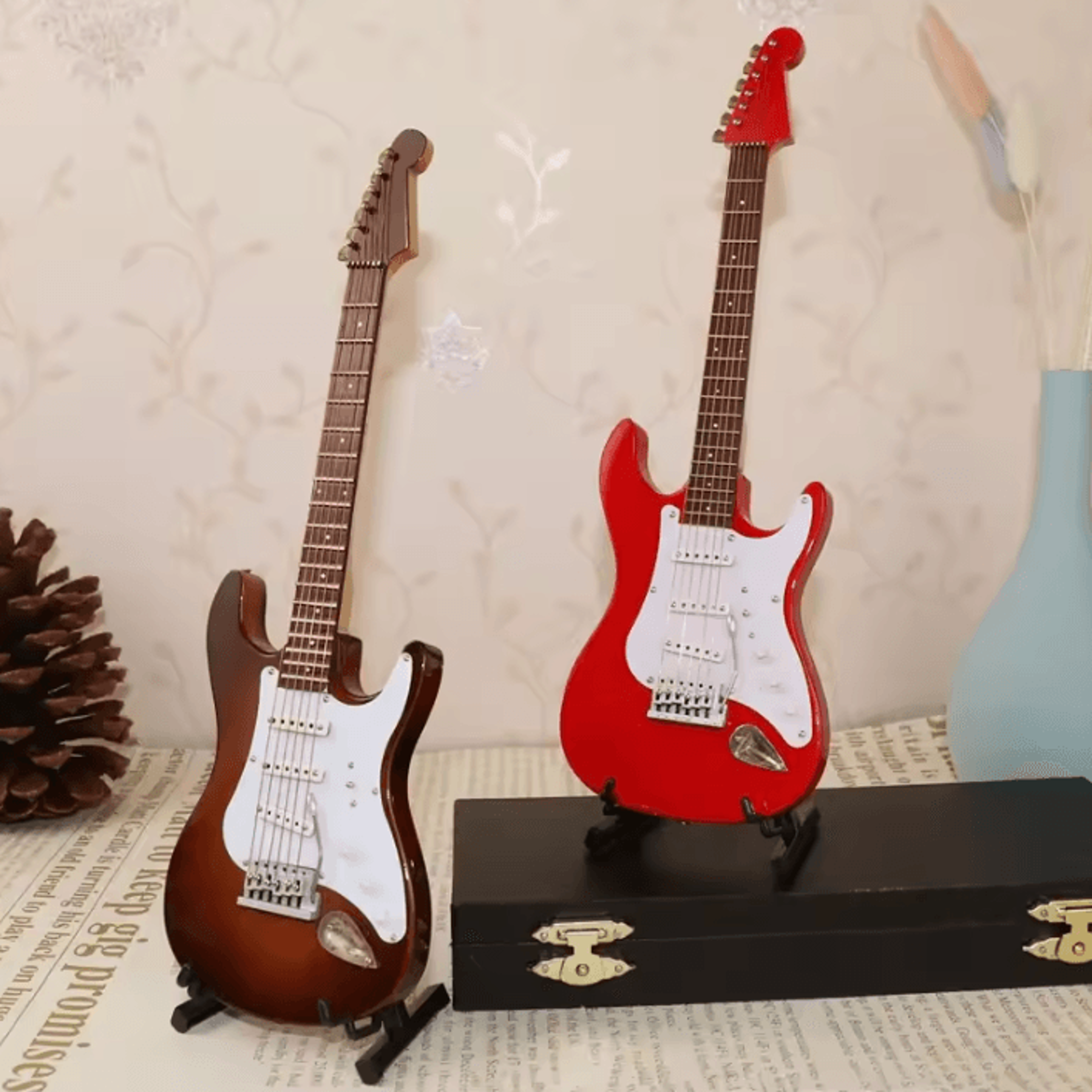Mini Wooden Guitar Ornament Set  Decorative Musical Instrument Models With Stand 0