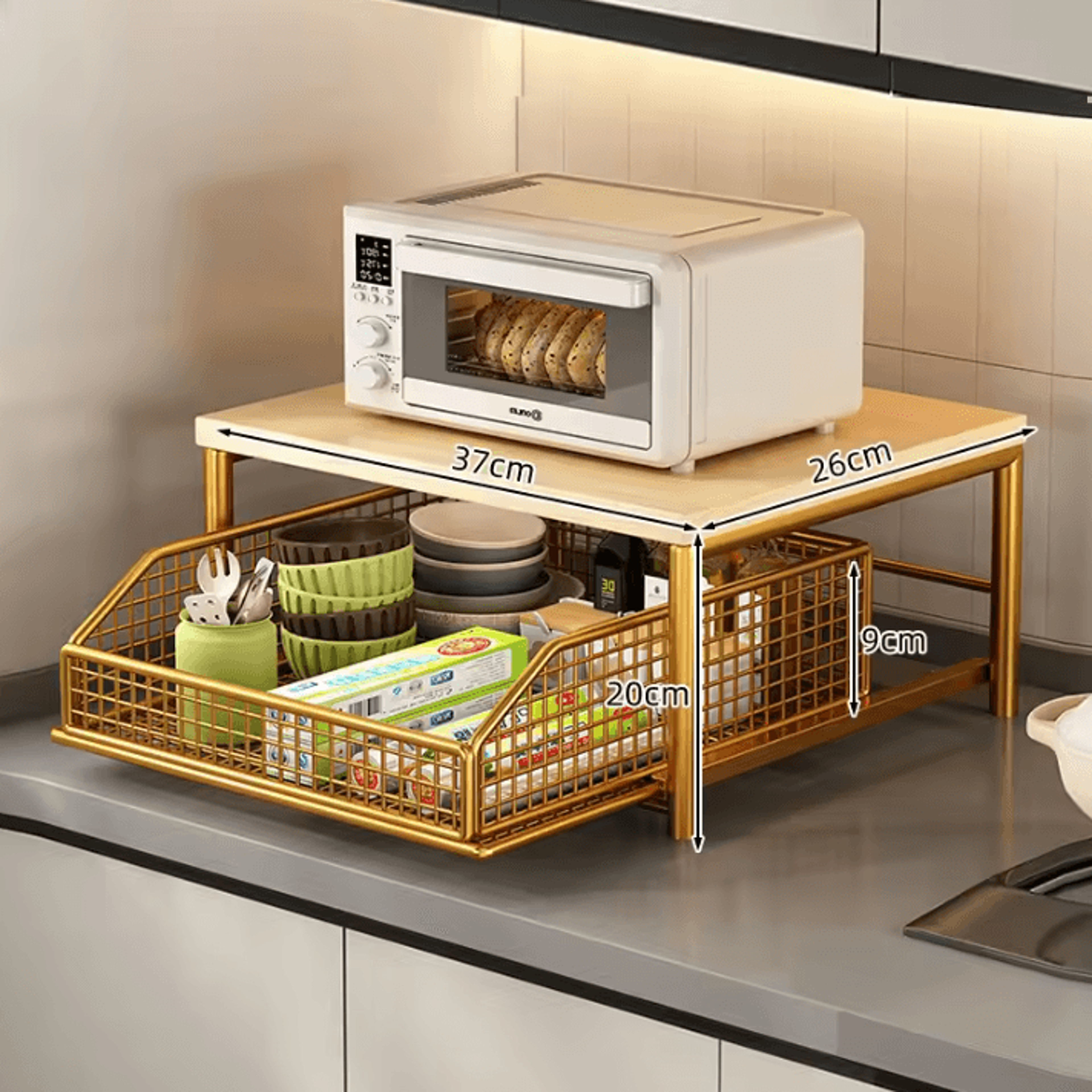 WoodLift Modern Microwave Storage Rack Microwave Storage Rack Kitchen Counter Organizer Wooden Meta 3
