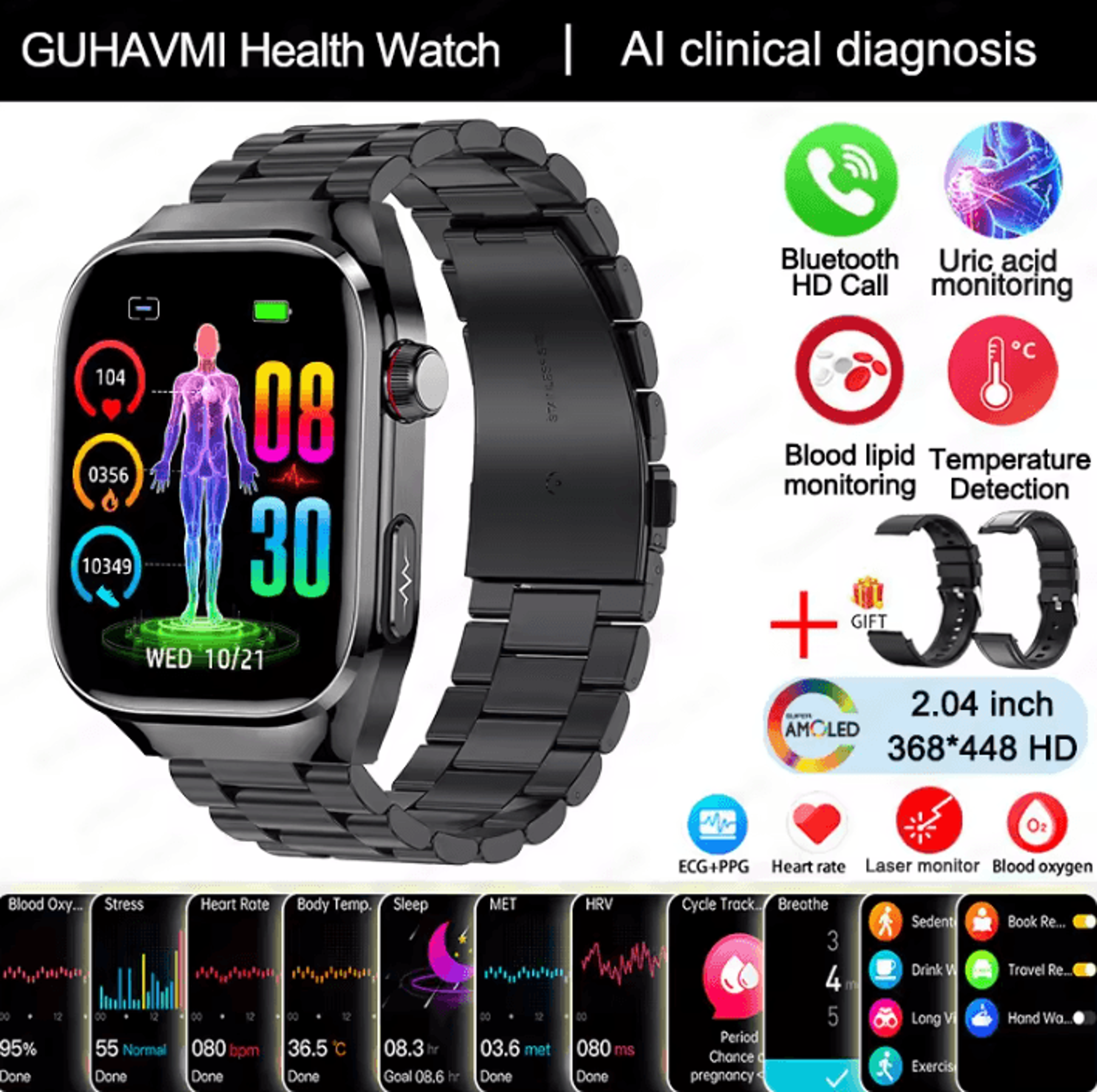 AI Laser Health Smartwatch With ECG PPG Uric Acid  Blood Pressure Monitor 9