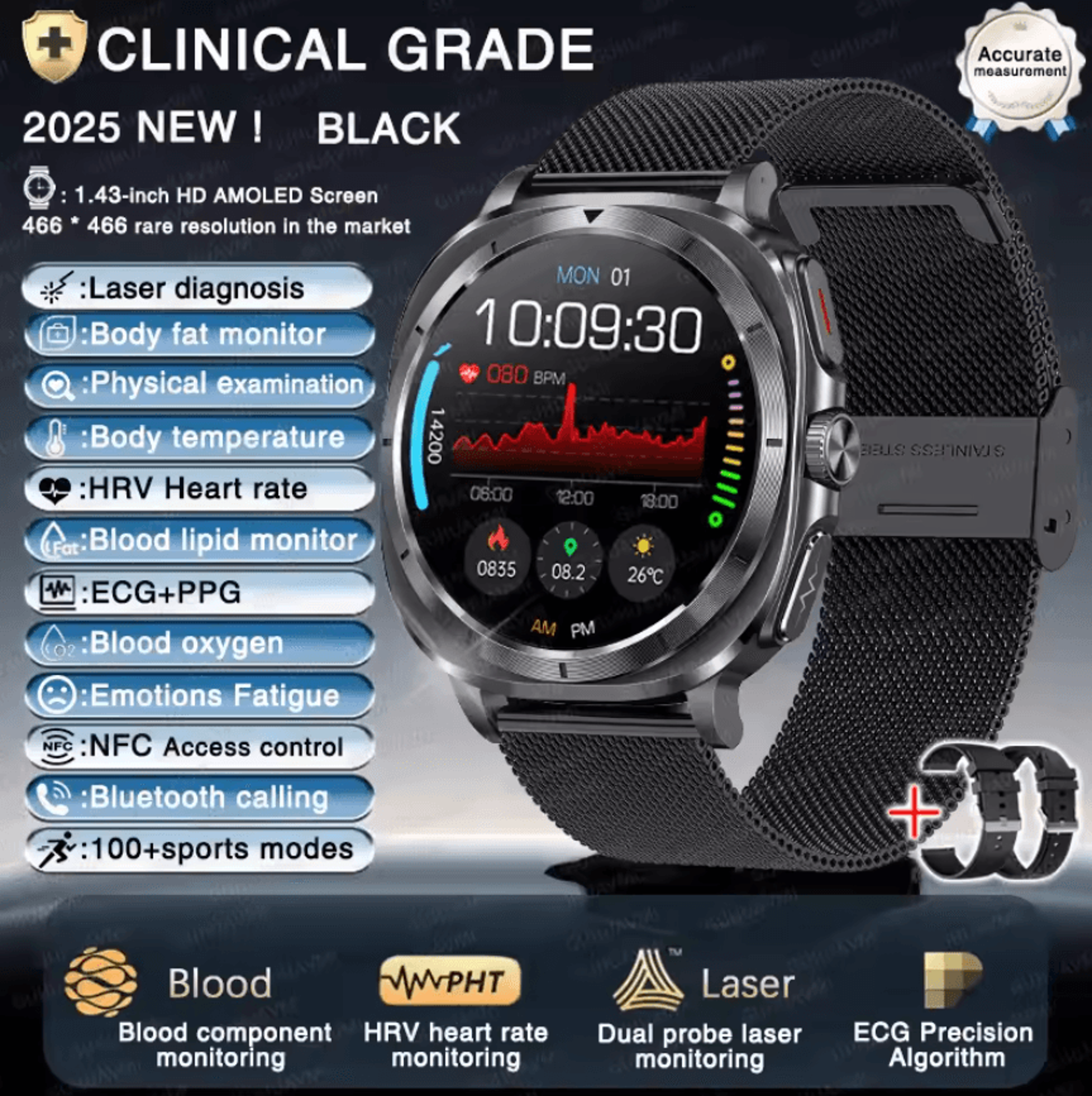 AI Laser Health Smartwatch With ECG PPG Uric Acid  Blood Lipid Analysis 6