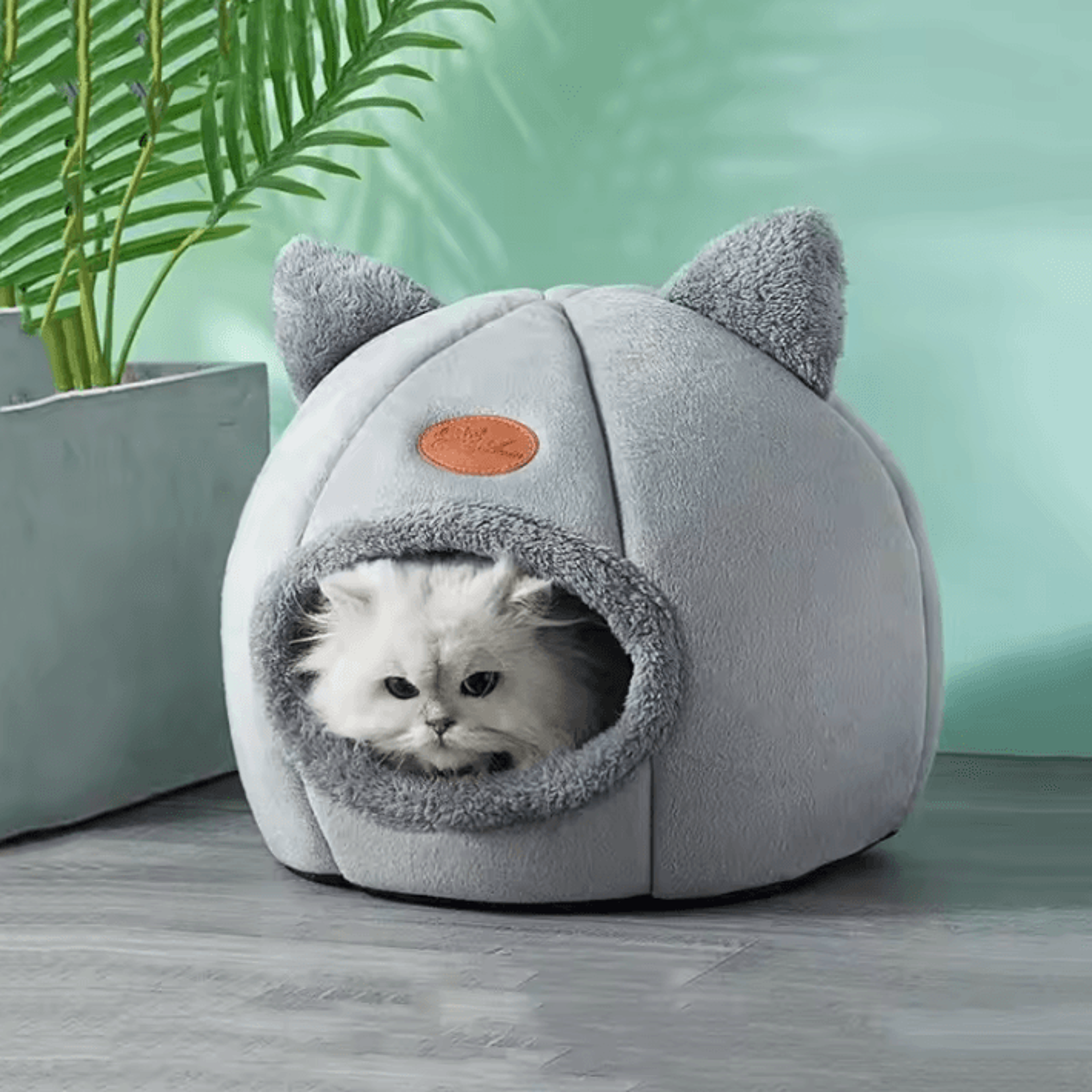 Cute Cat Head Shape SemiEnclosed Warm Cat Bed House 4