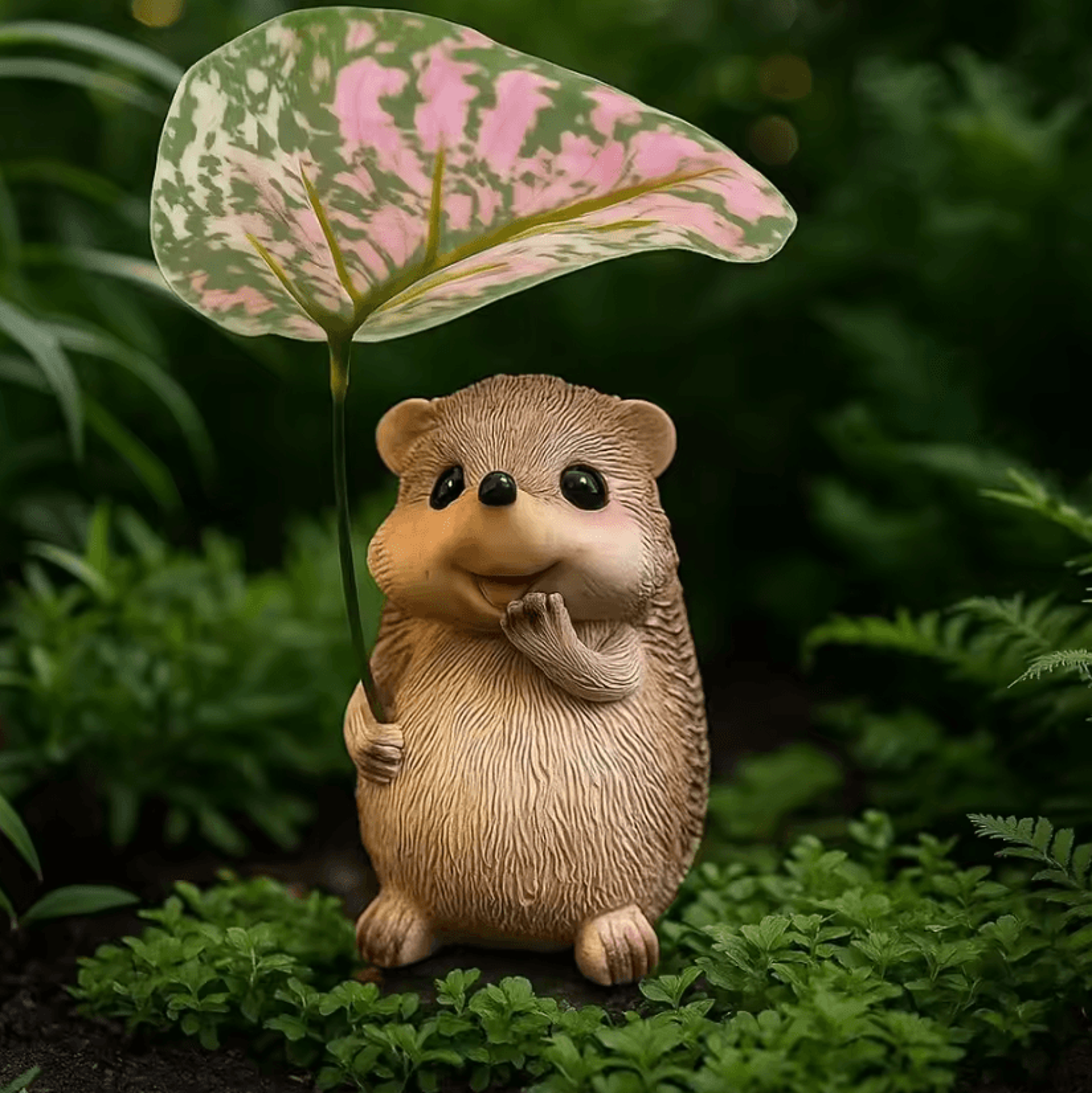 Cute Resin Hedgehog Garden Statue With Leaf Umbrella Outdoor Ornament 3