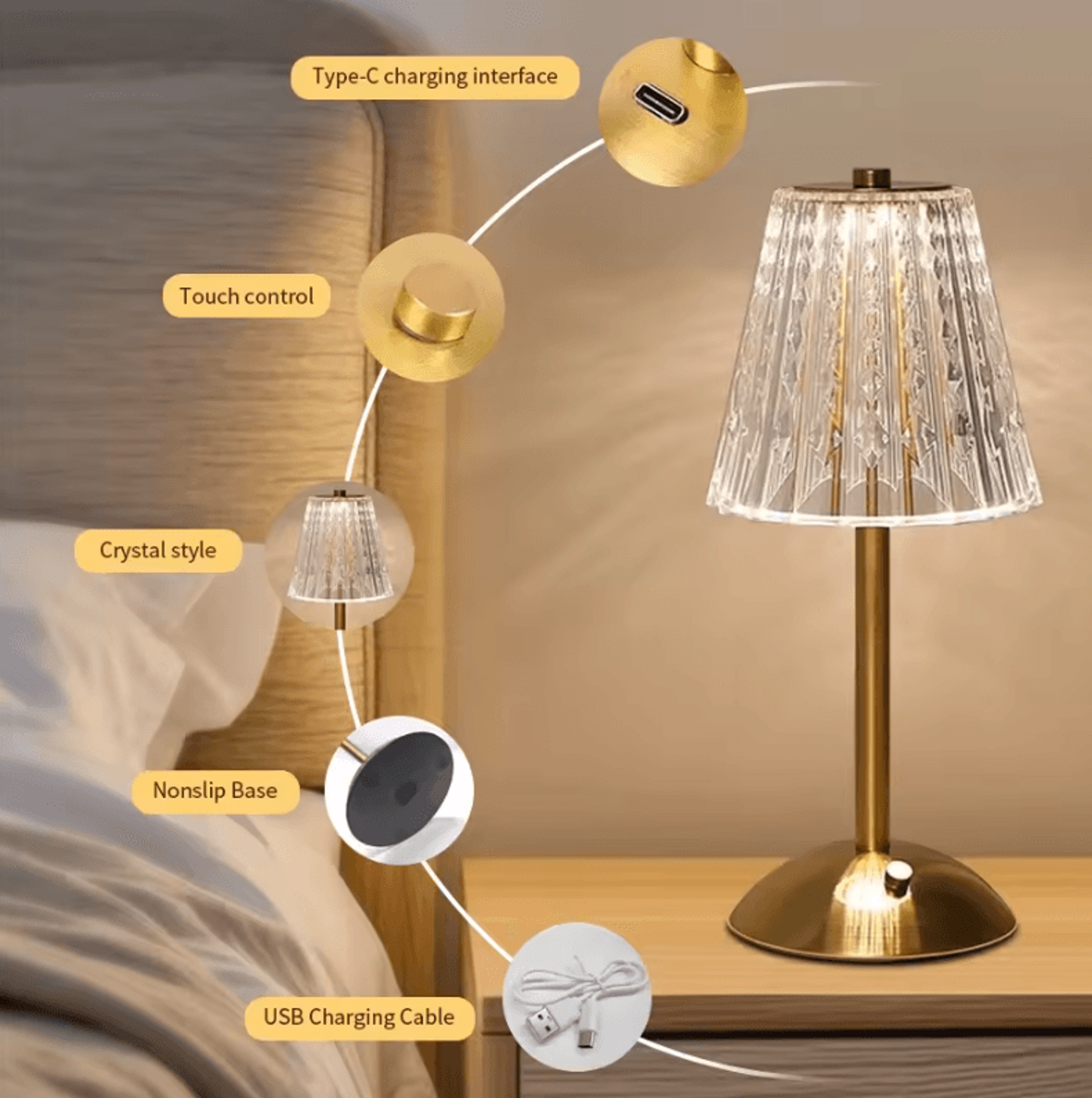 Rechargeable Crystal LED Table Lamp Dimmable Bedside Reading Light For Bedroom  Home Decor 9