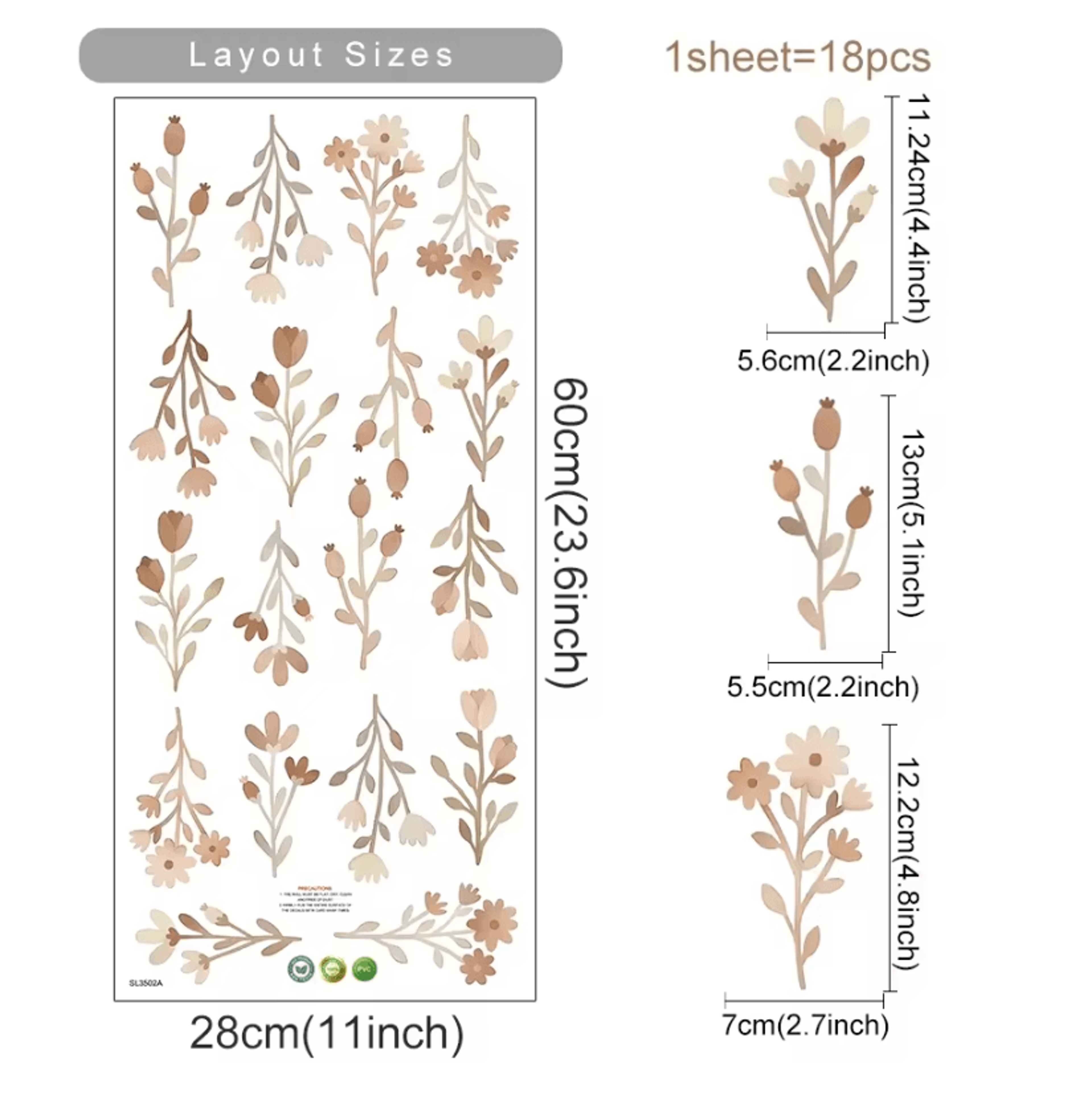 Boho Watercolor Flower Wall Stickers Removable Floral PVC Decals 10