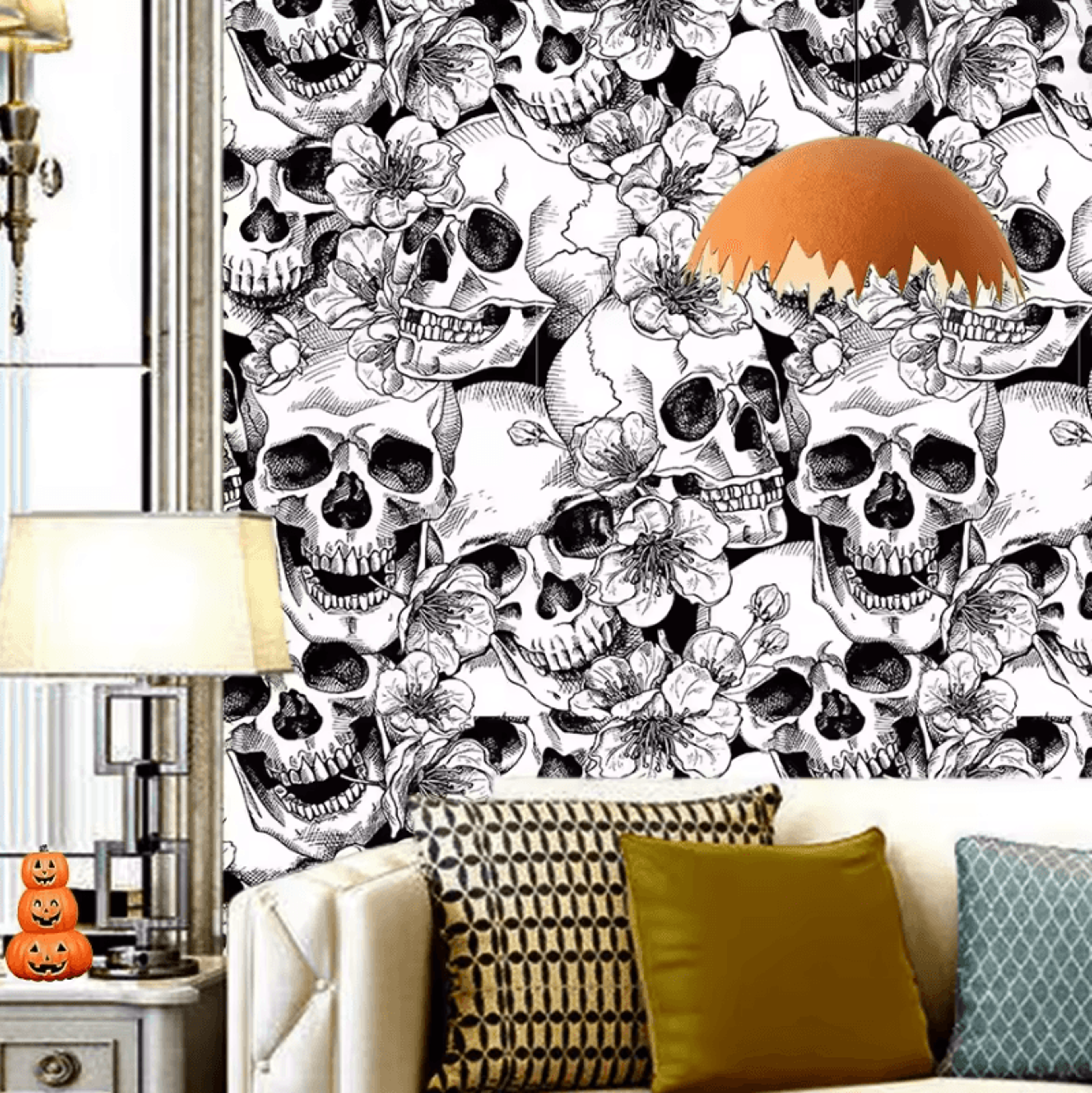 Halloween White Skull Peel And Stick Wallpaper Removable PVC Wall Decor 2