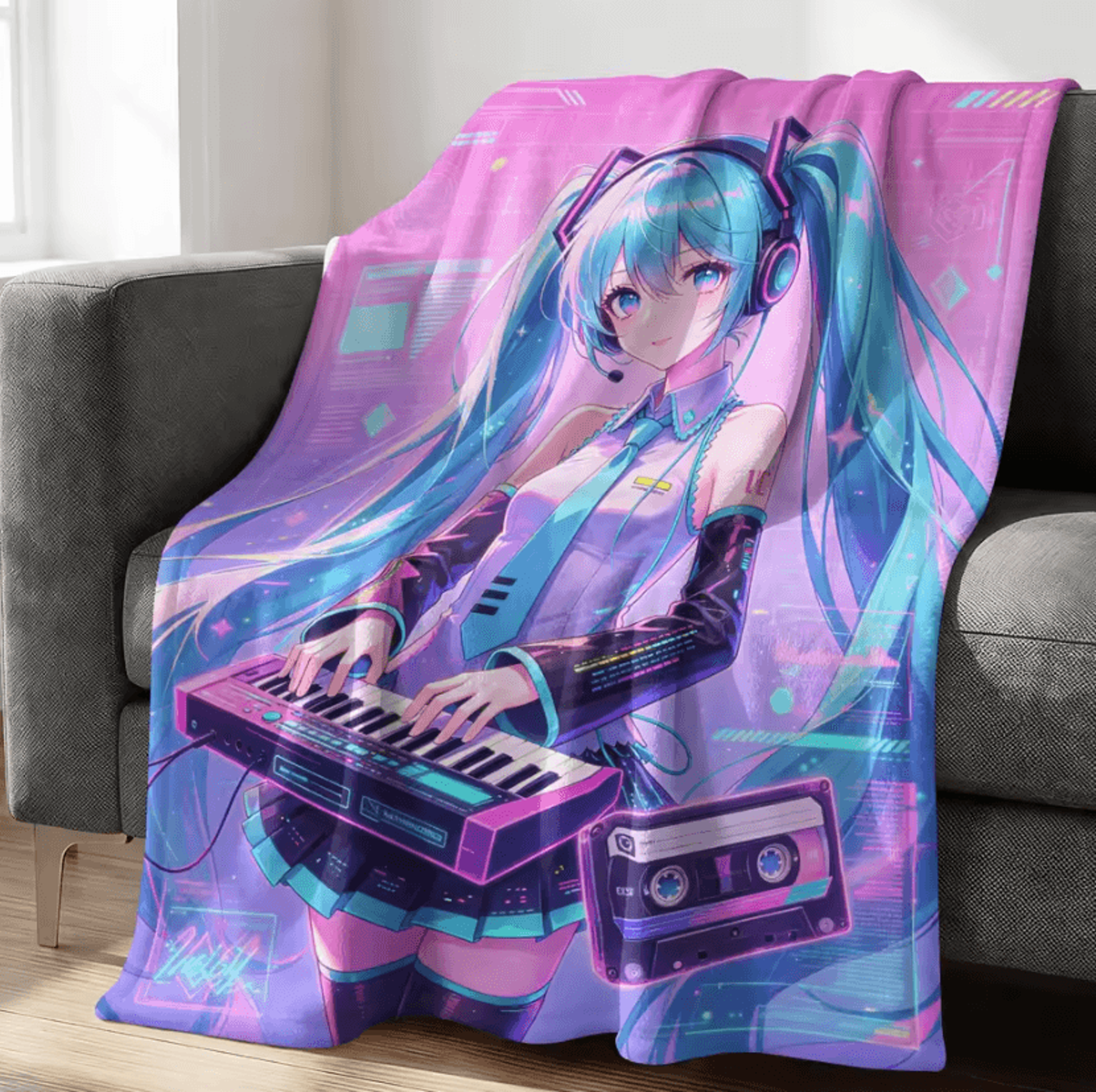 Hatsune Miku Crayon Style Flannel Throw Blanket 7