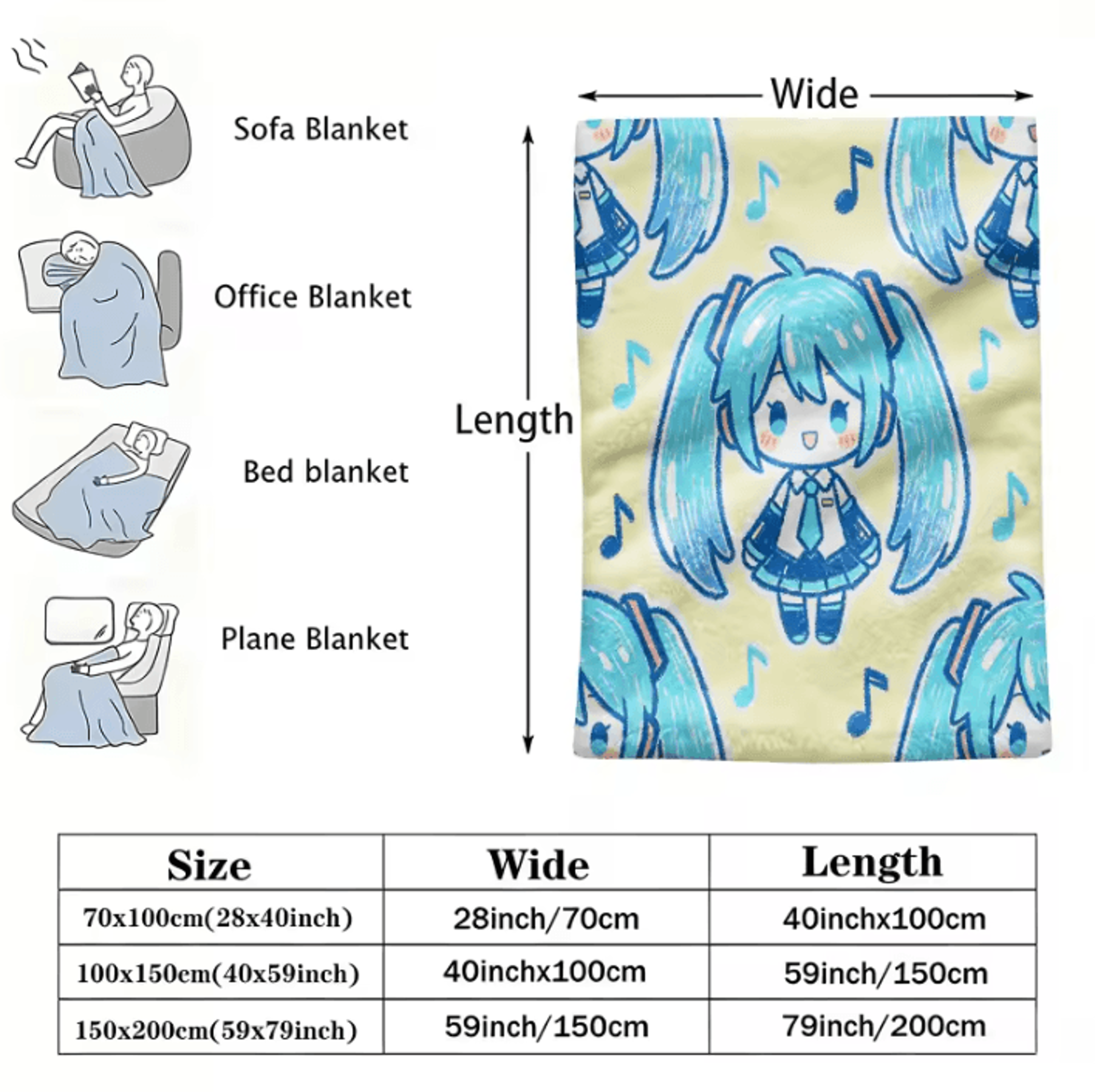 Hatsune Miku Crayon Style Flannel Throw Blanket 1