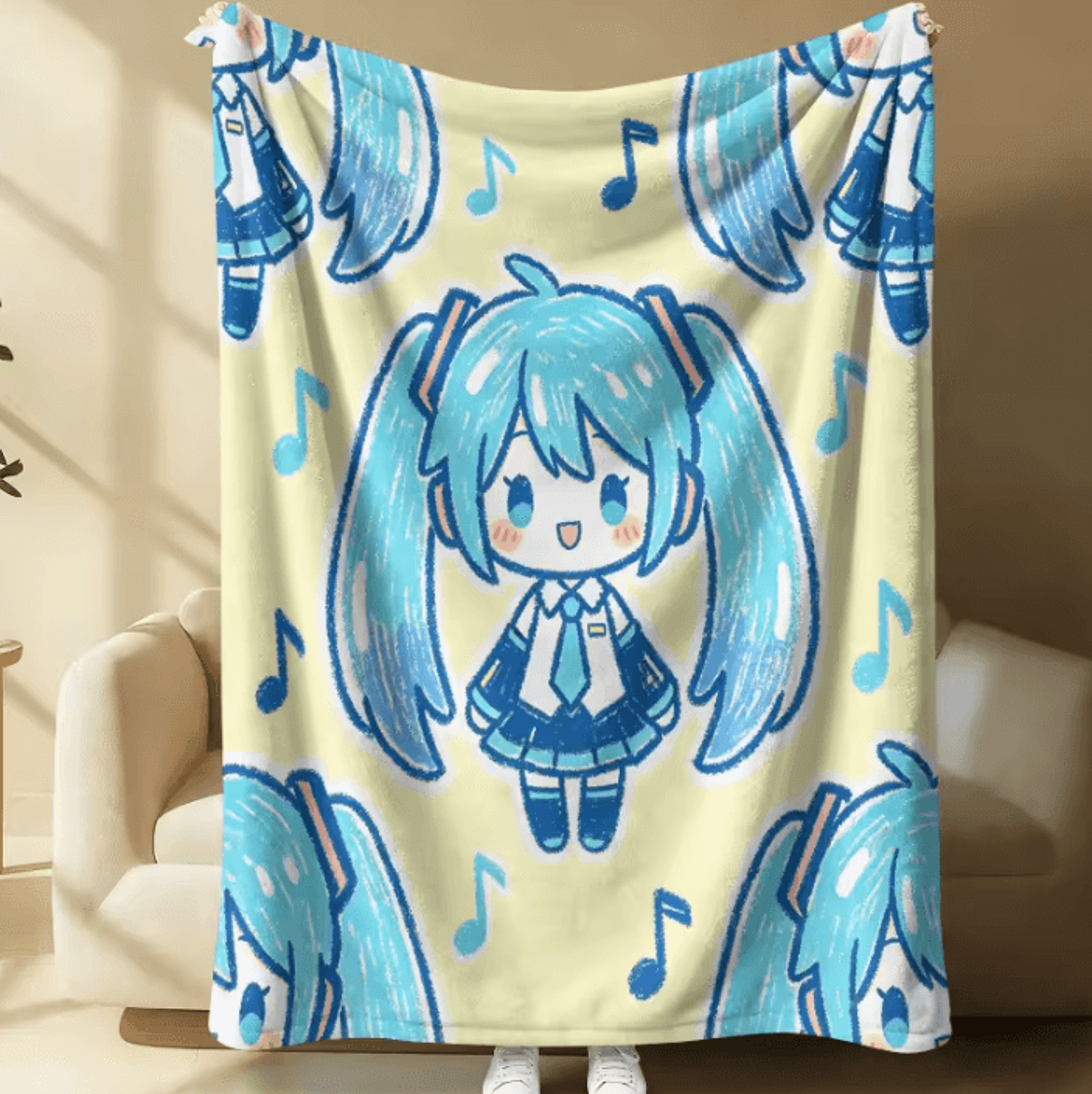 Hatsune Miku Crayon Style Flannel Throw Blanket 0
