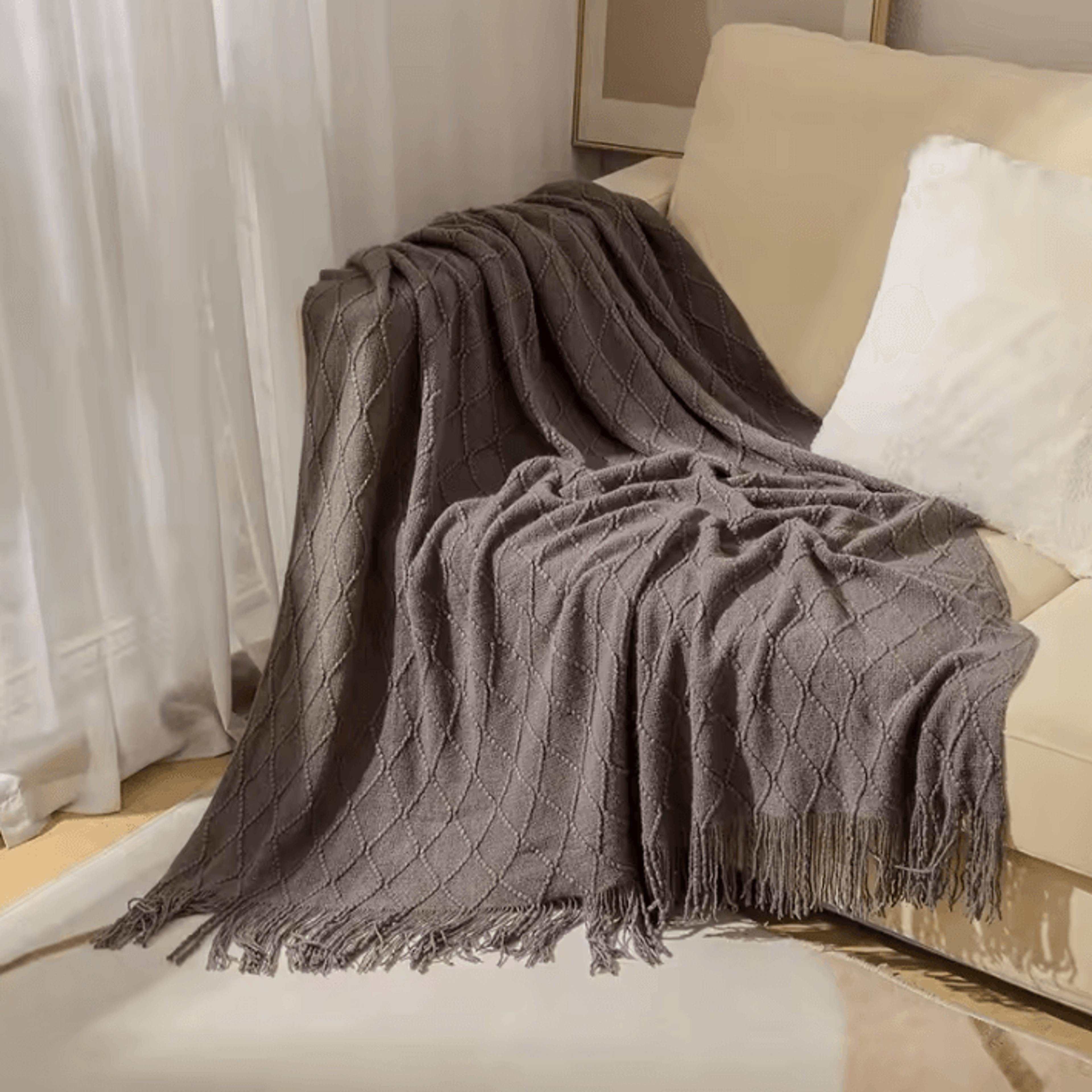 Mustard Yellow Geometric Knitted Throw Blanket With Fringe 13