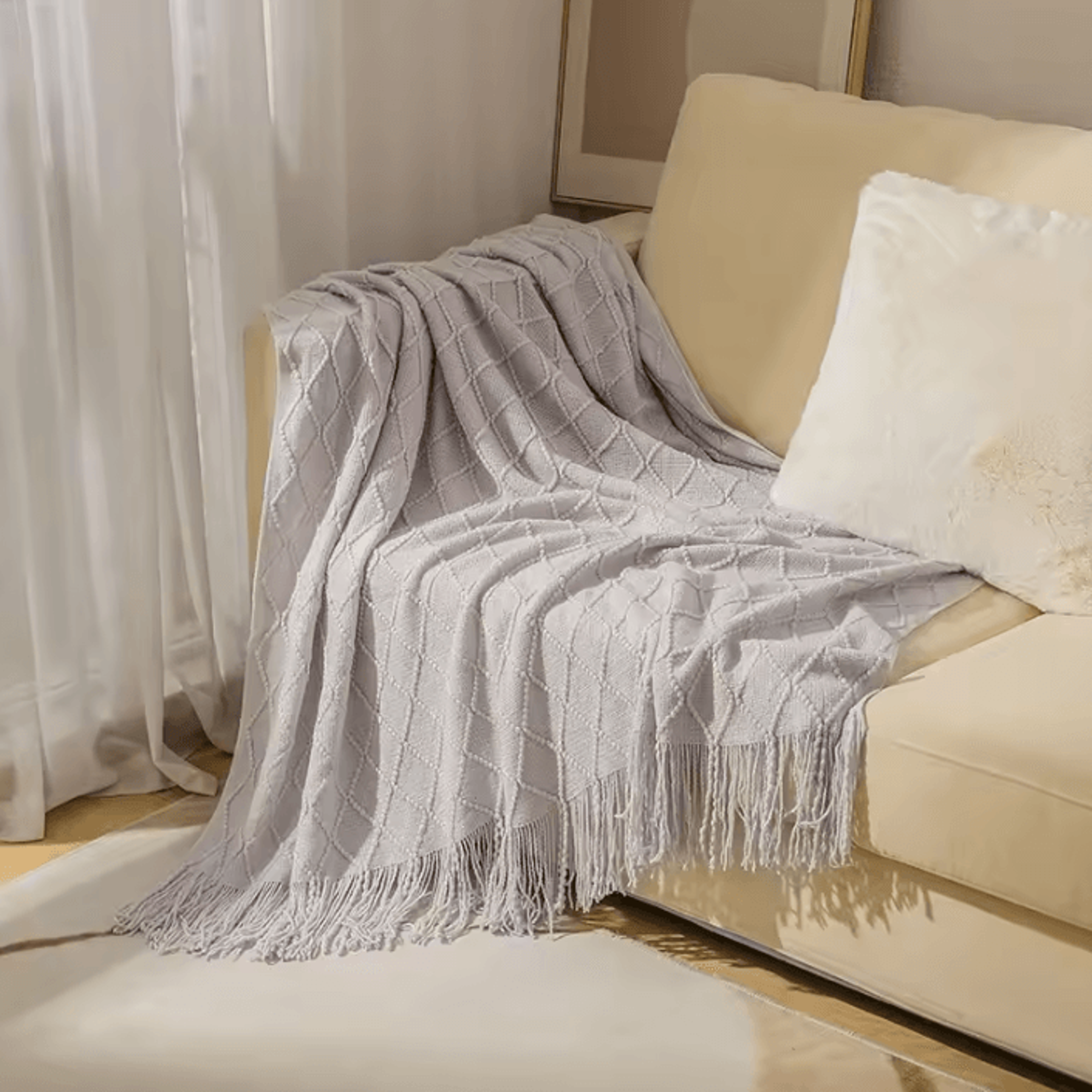 Mustard Yellow Geometric Knitted Throw Blanket With Fringe 10