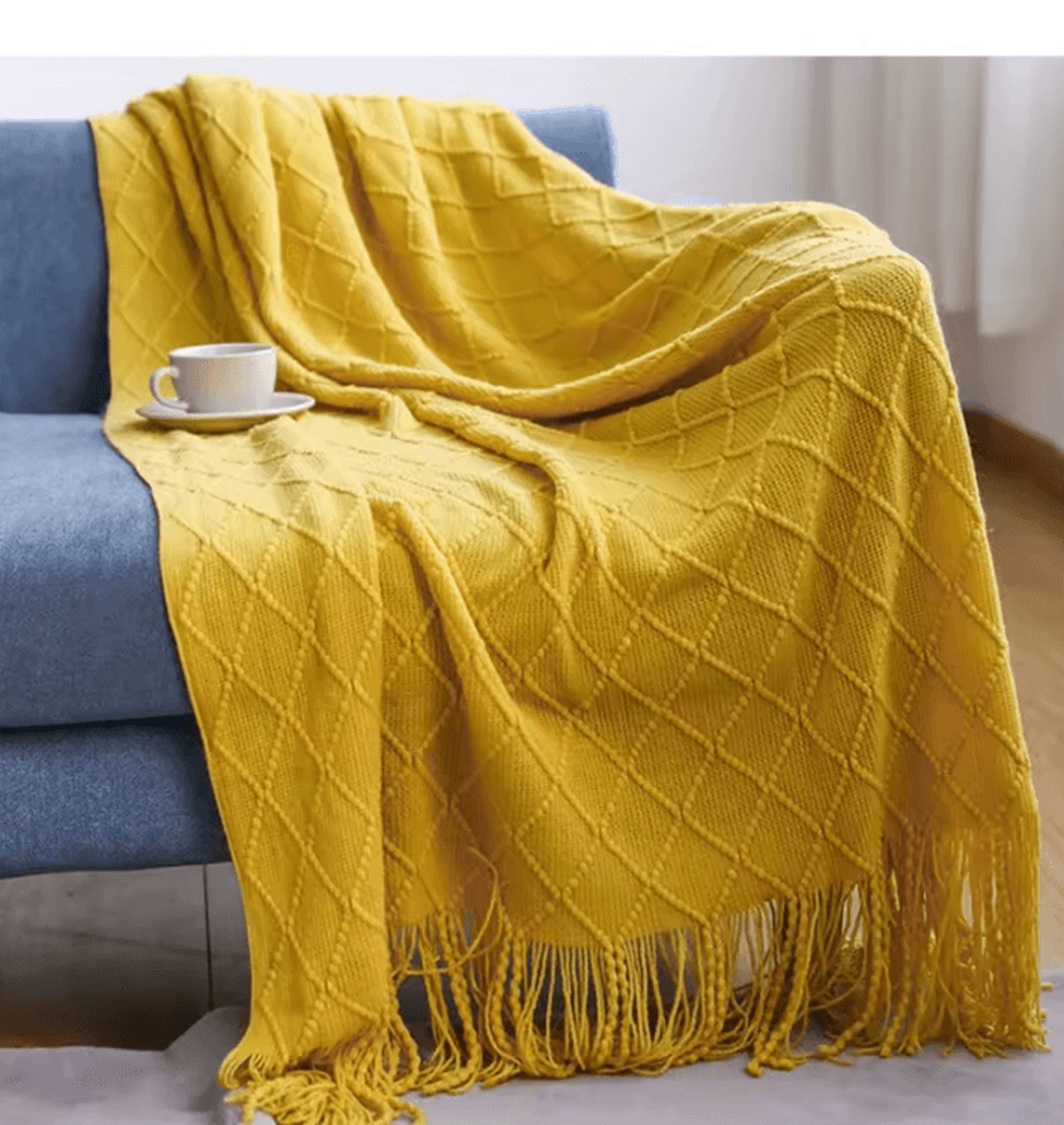 Cream White Textured Knitted Throw Blanket With Tassels 8