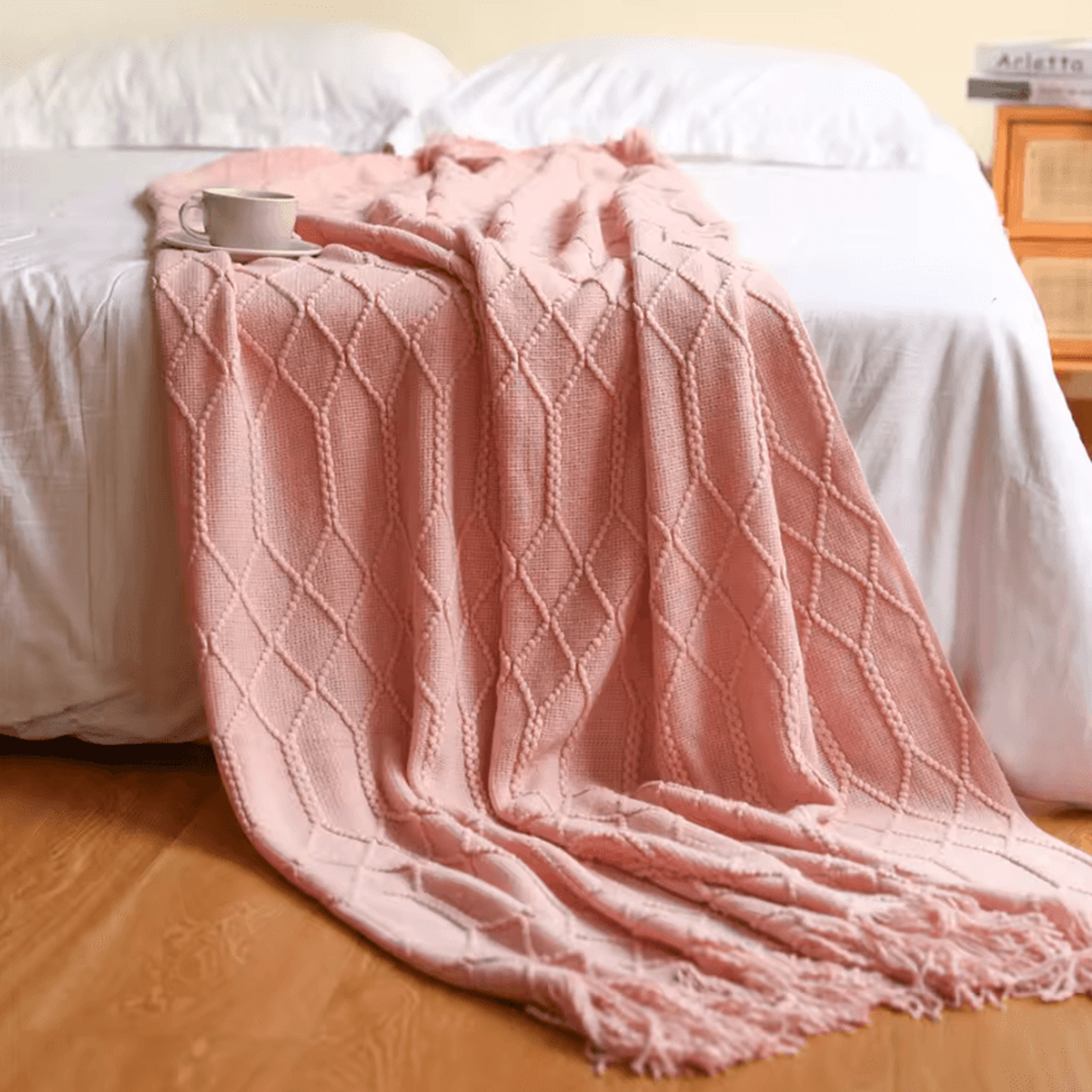 Cream White Textured Knitted Throw Blanket With Tassels 6