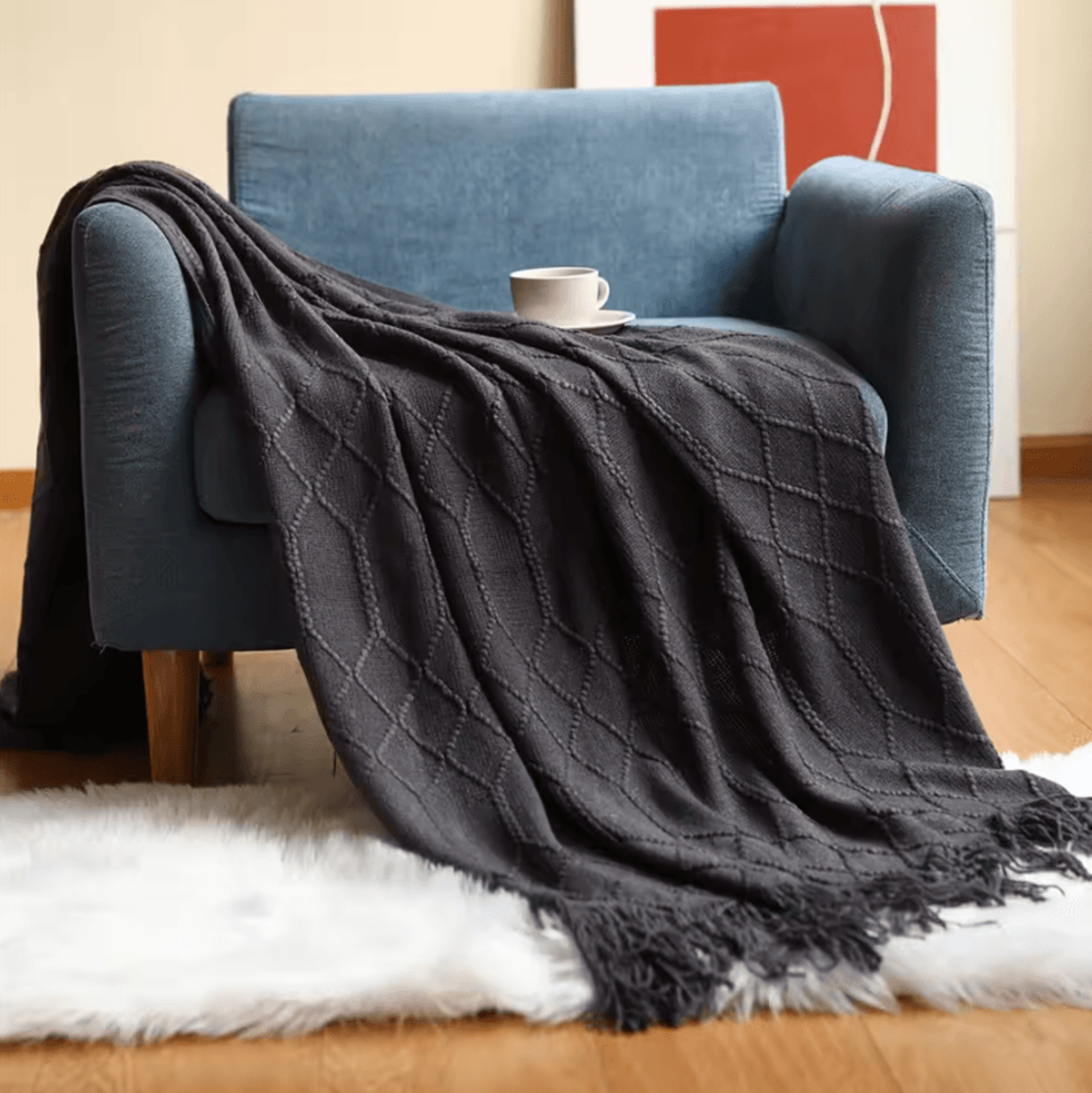 Cream White Textured Knitted Throw Blanket With Tassels 7