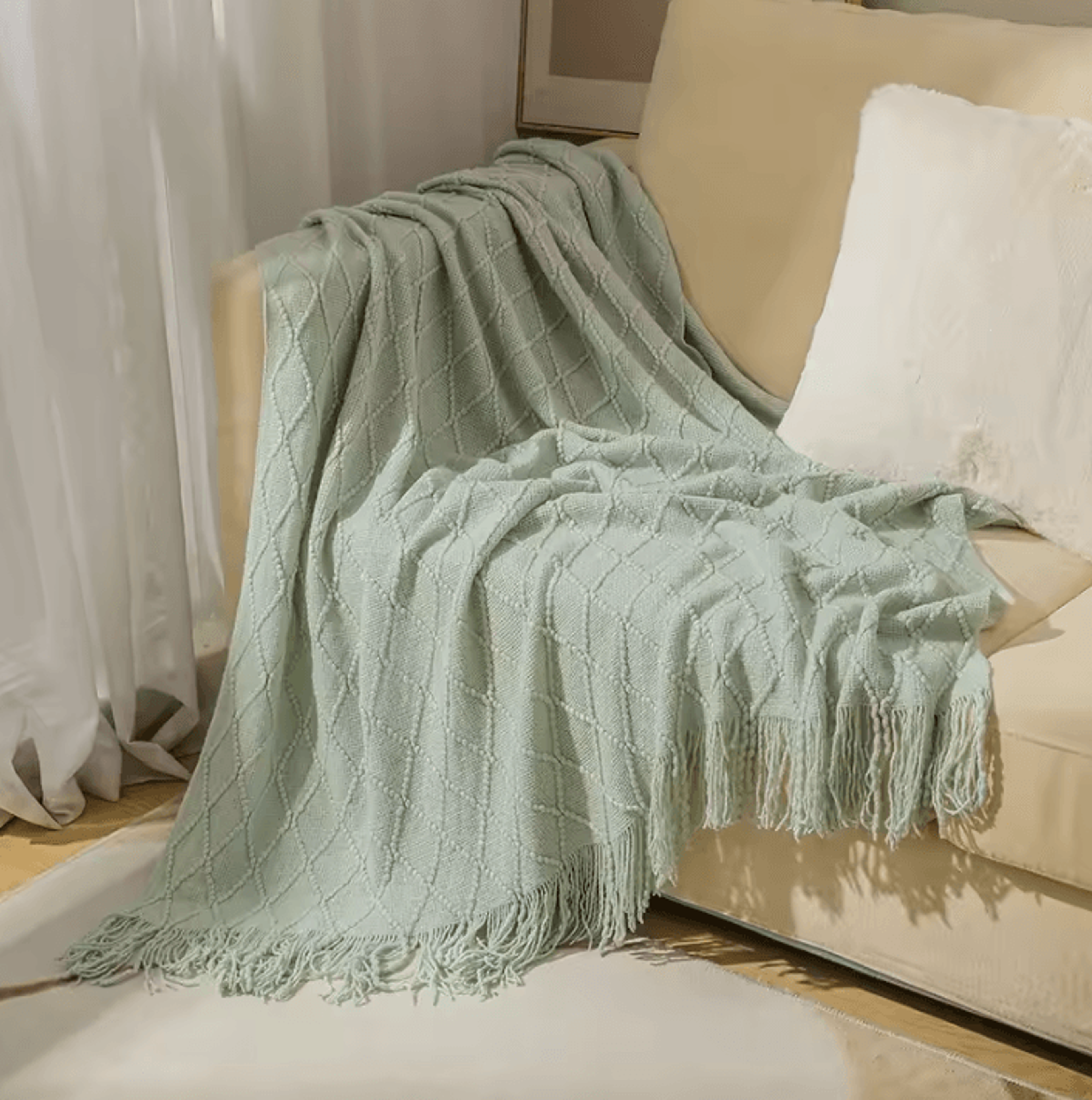 Cream White Textured Knitted Throw Blanket With Tassels 14