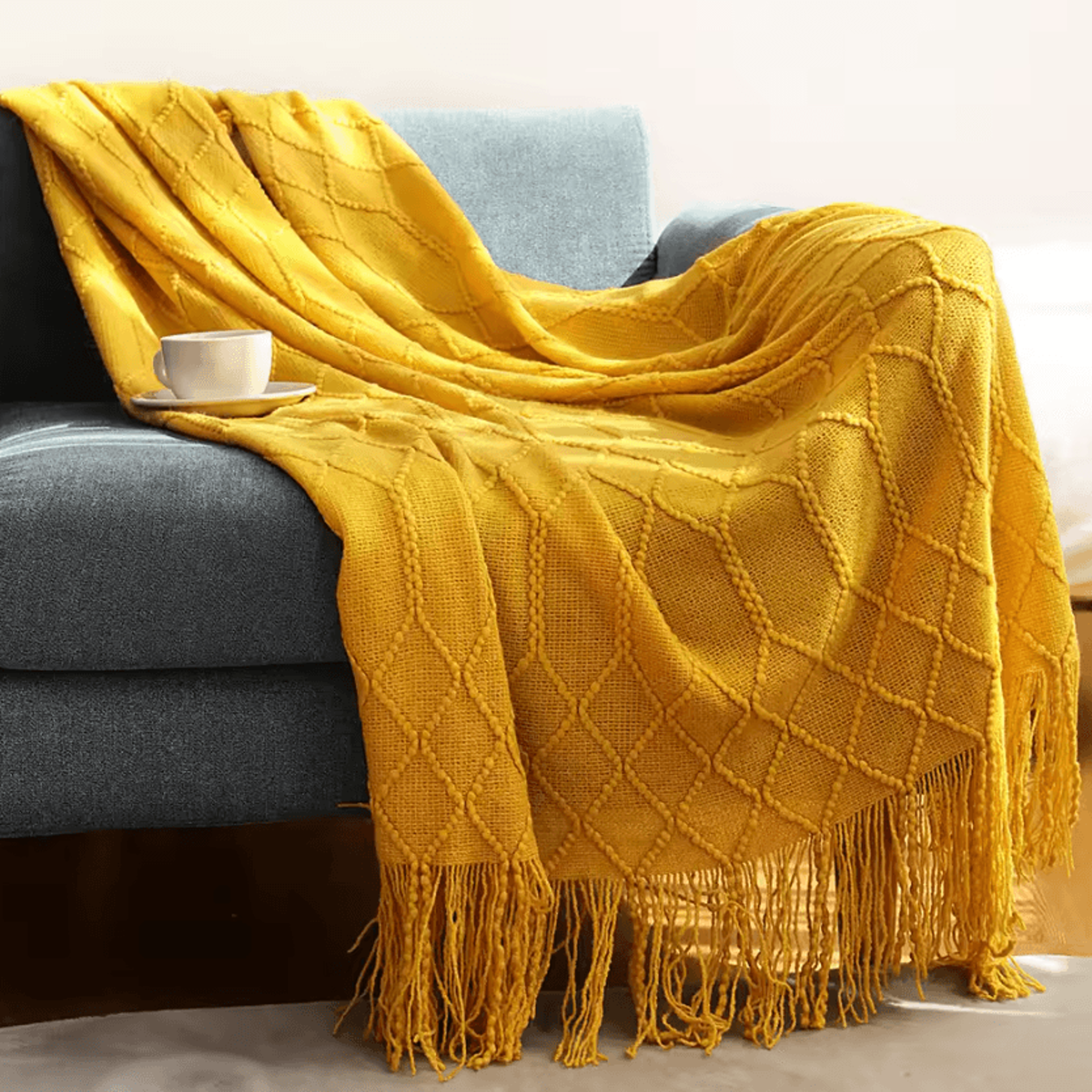 Cream White Textured Knitted Throw Blanket With Tassels 12