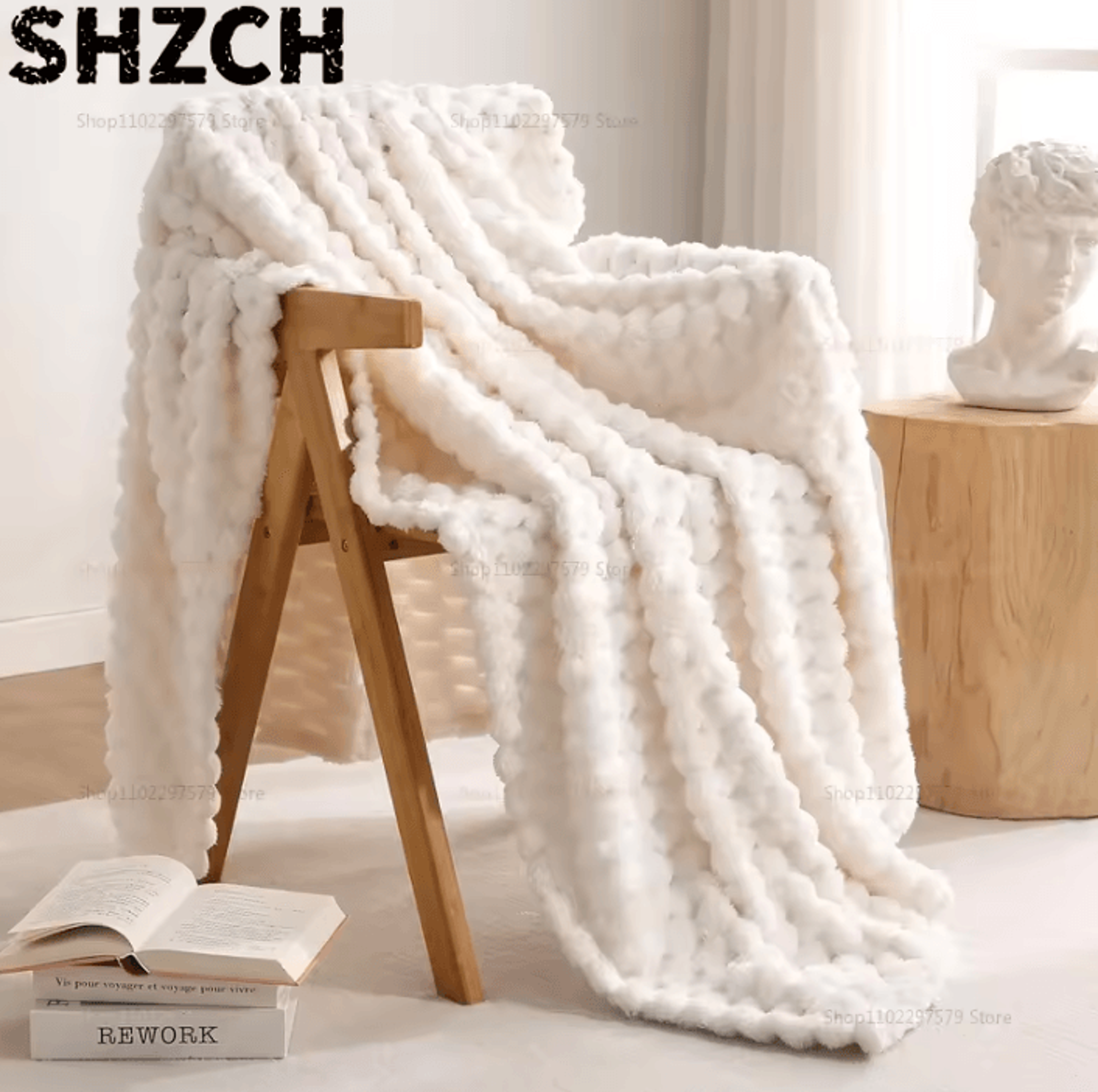 Cream White 3D Jacquard Flannel Fleece Throw Blanket 0