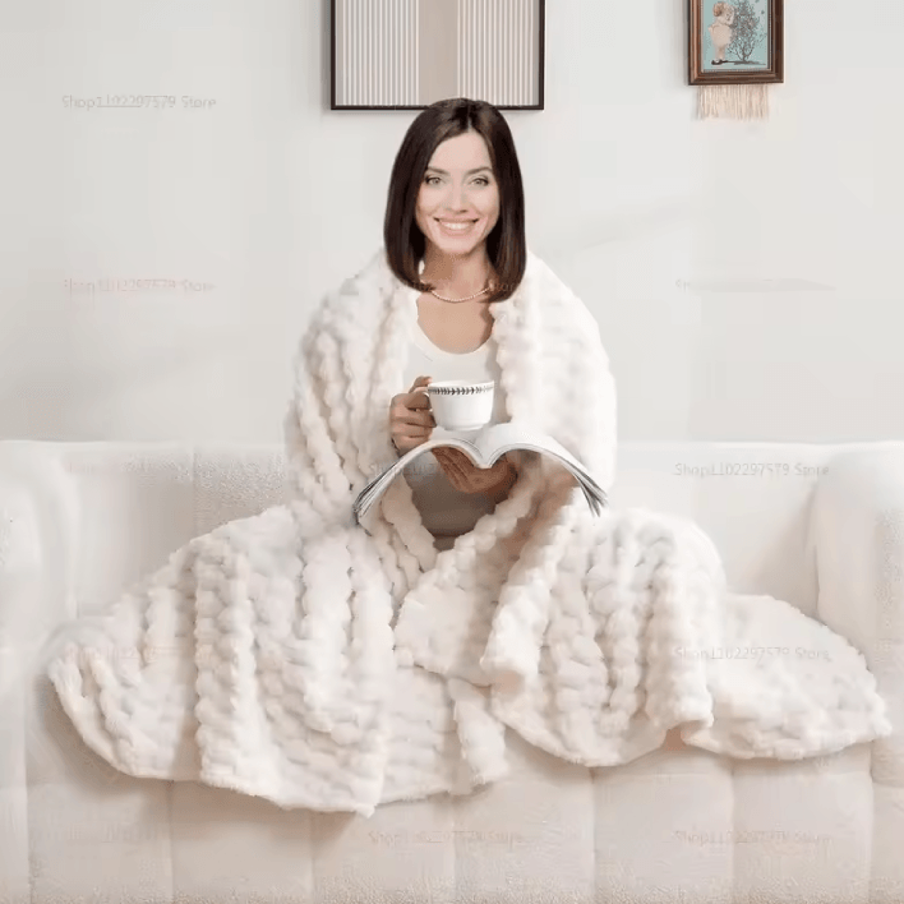 Cream White 3D Jacquard Flannel Fleece Throw Blanket 3