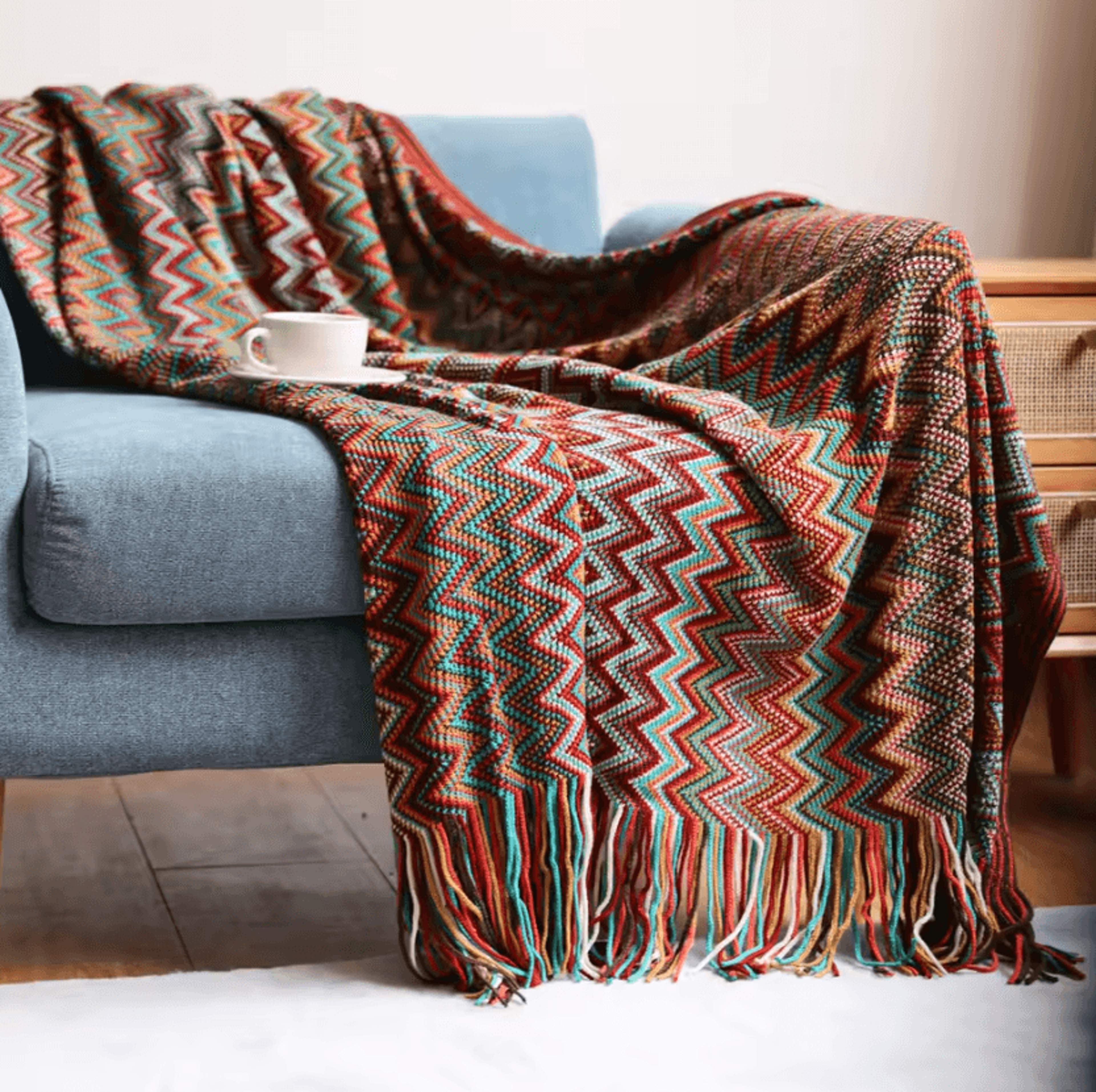 Rust Red Boho Knitted Tassel Throw Blanket 6