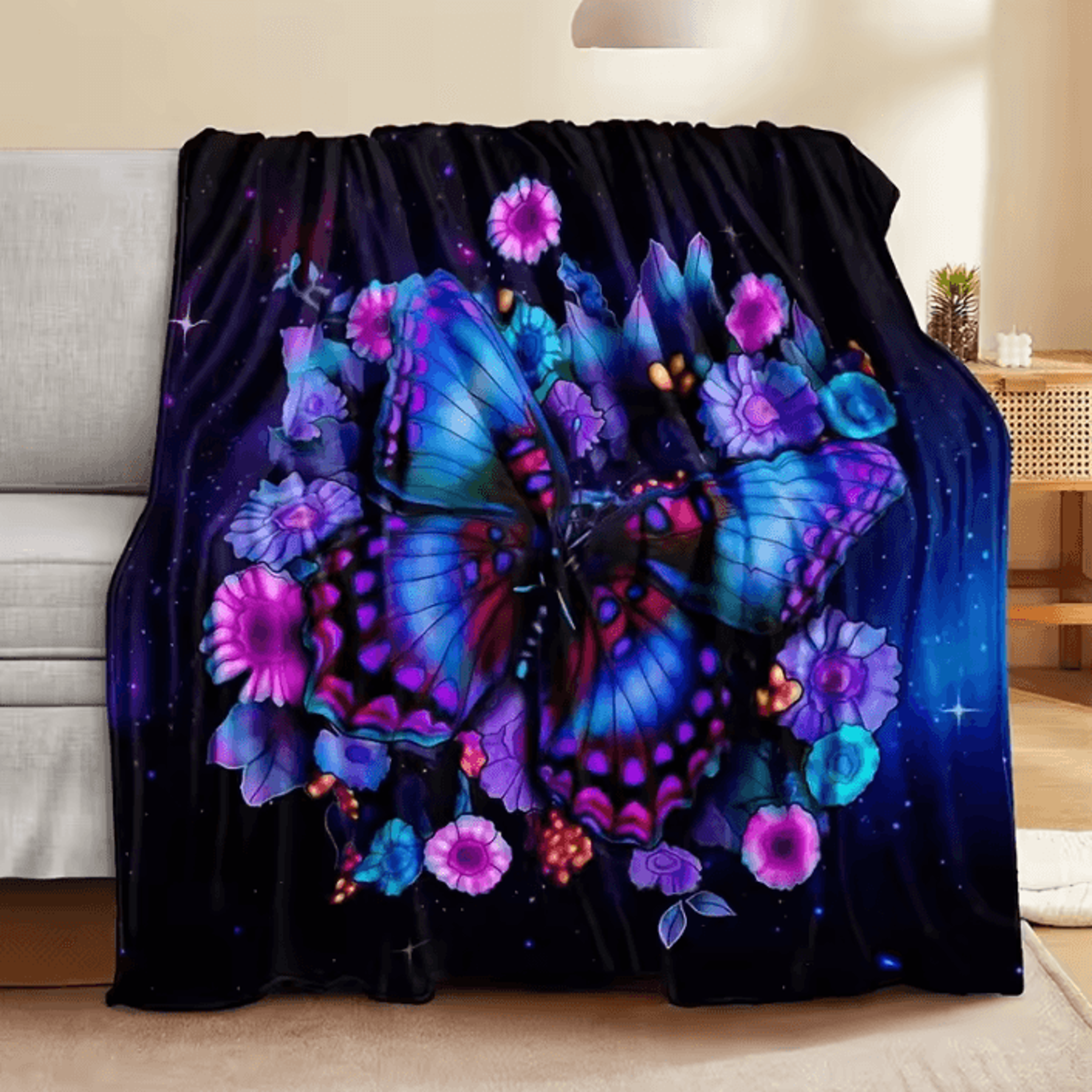 Purple Starry Butterfly Flannel Throw Blanket 3