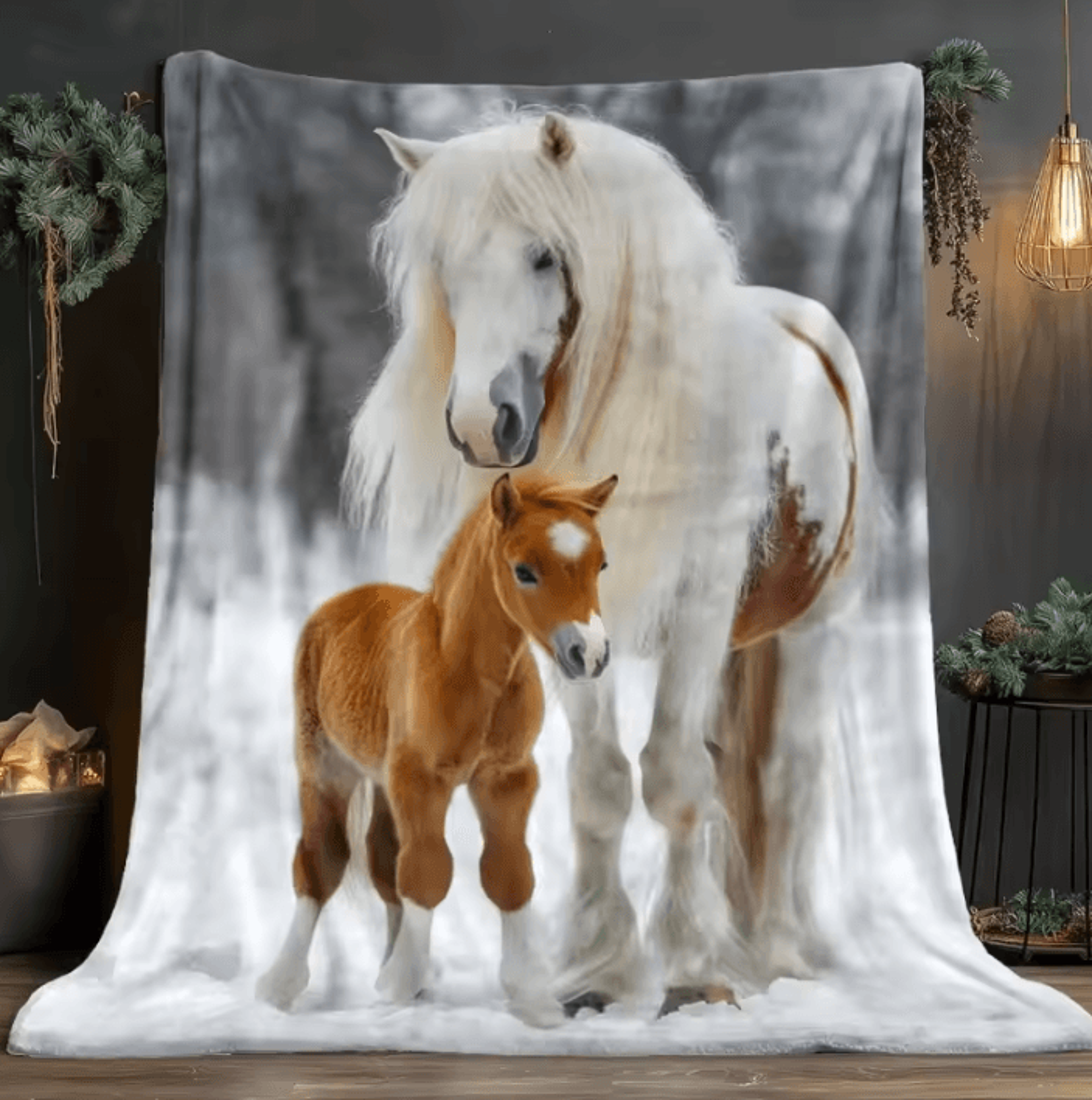 White Horse And Foal Snow Flannel Throw Blanket 4