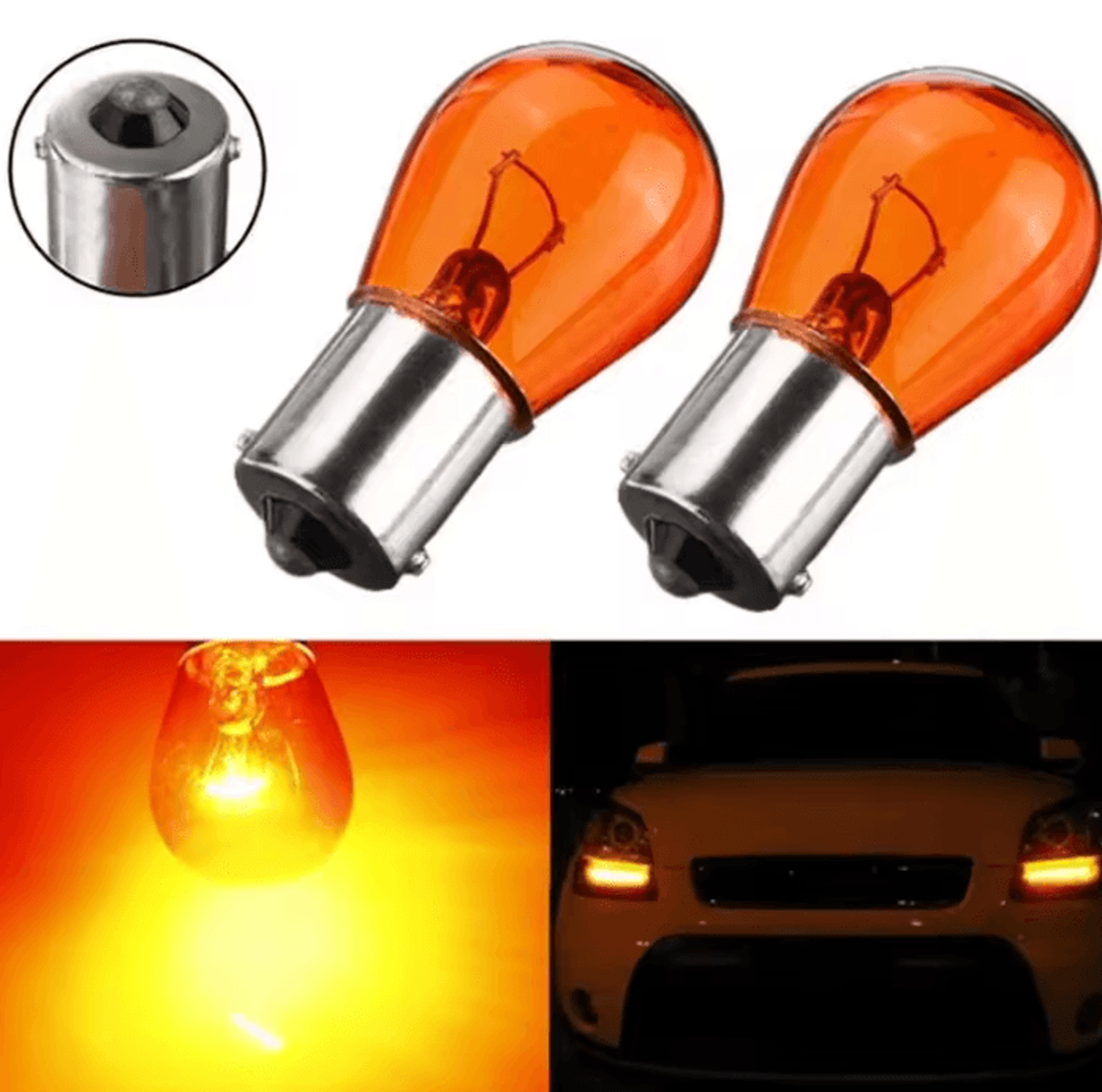 AmberGlow 2Piece P21W 1156 BA15S Amber Halogen Turn Signal Bulbs For Cars And Scooters 0