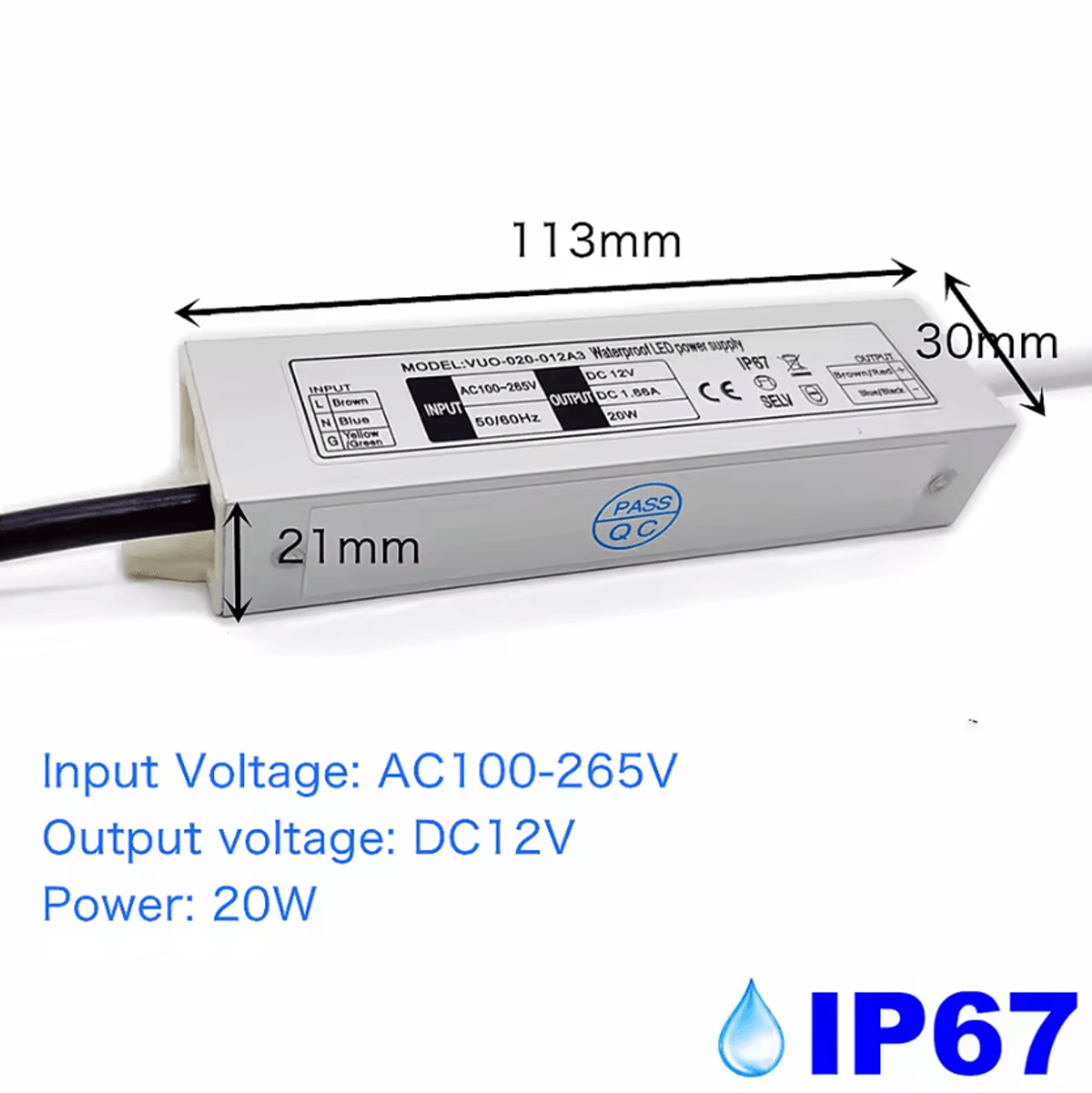 IP67 Waterproof LED Driver 12W 20W 36W AC100265V To DC12V Power Supply Transformer For LED Lighting 3