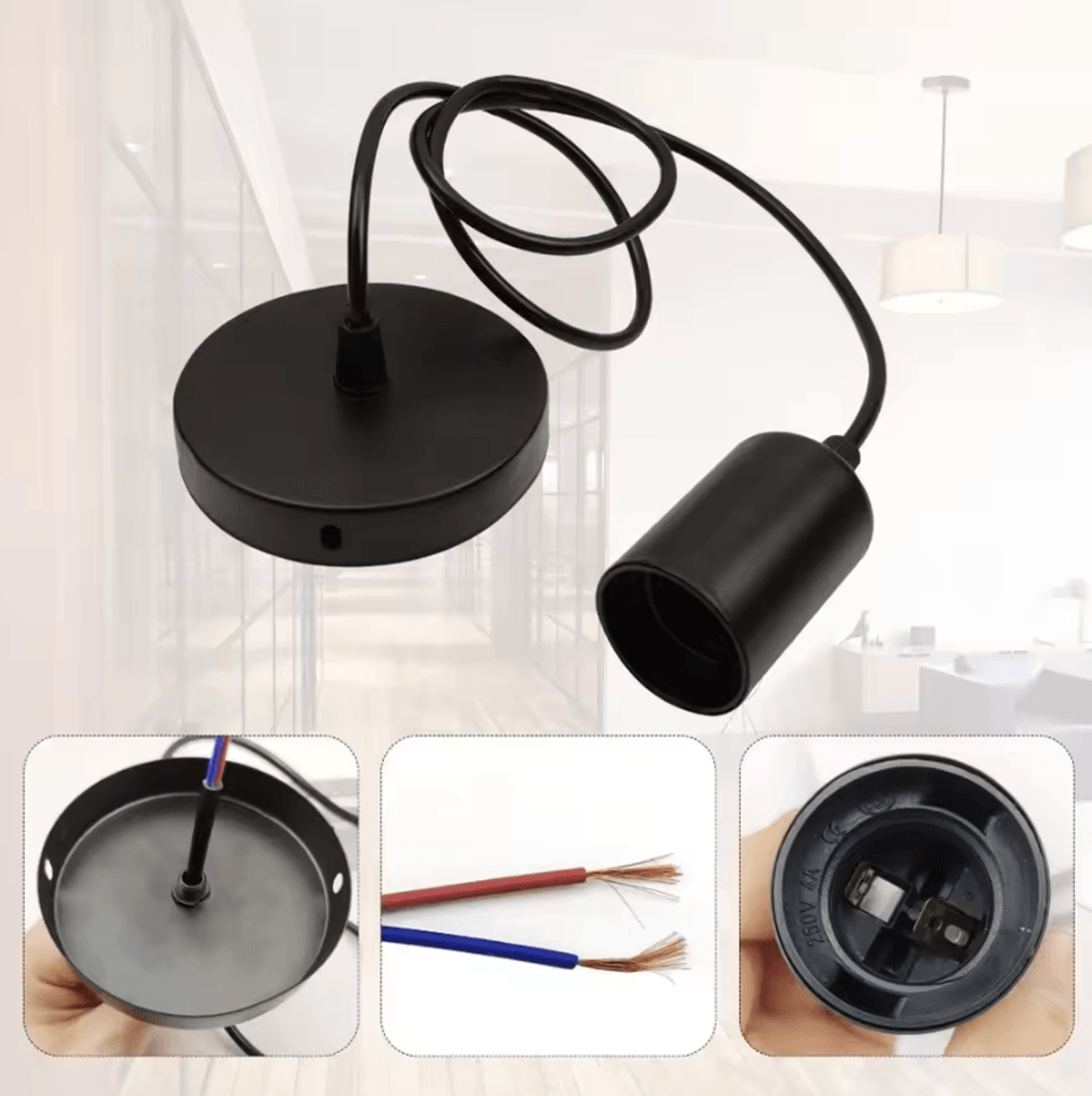 Industrial E27 Pendant Lamp Holder With Adjustable 50150CM Cable Black White Hanging Ceiling Light  3