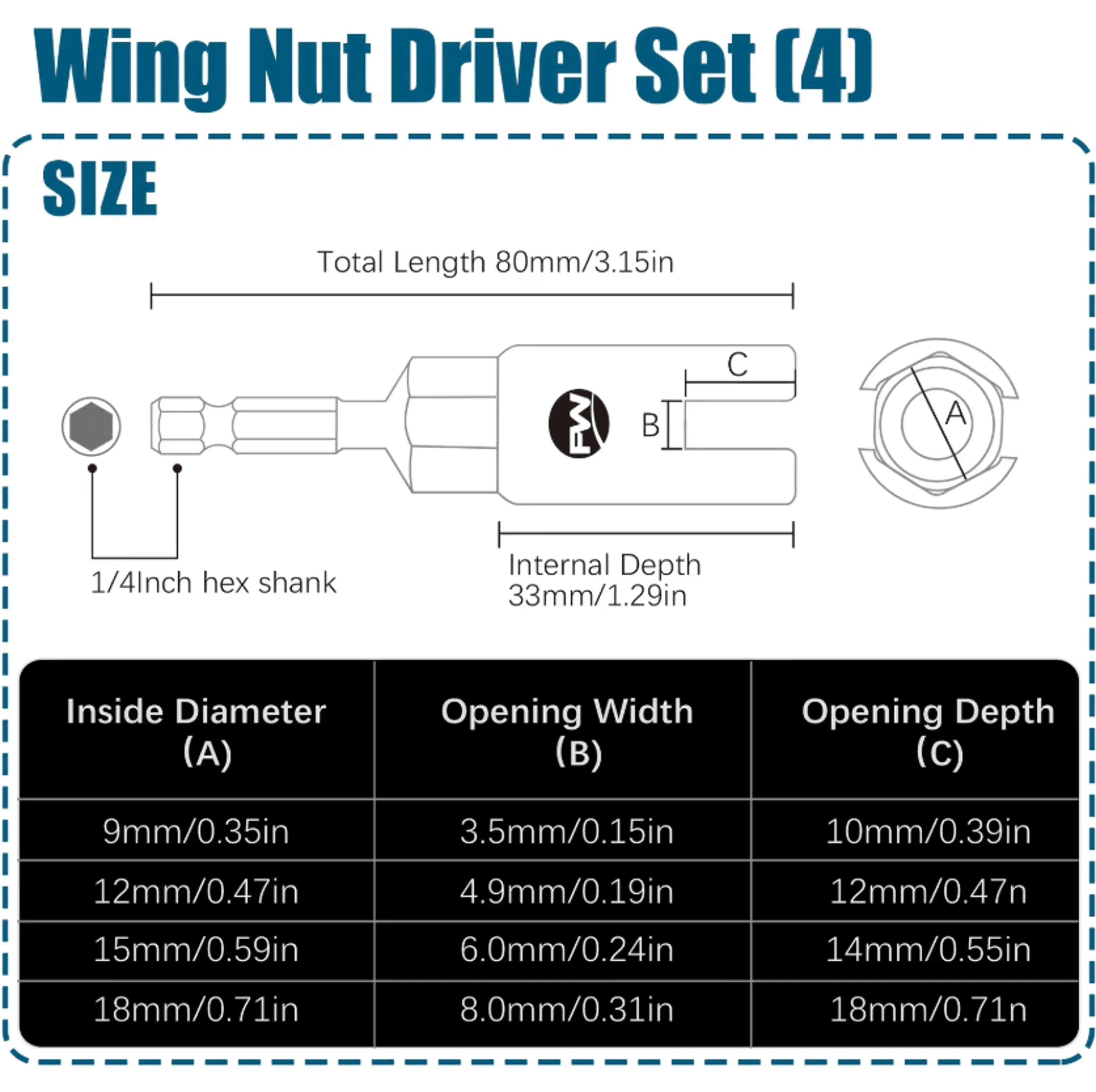 4PCS Wing Nut Driver Drill Bit Set 9MM 12MM 15MM 18MM With 14 Inch Hex Shank For Hook Bolts And Wir 2