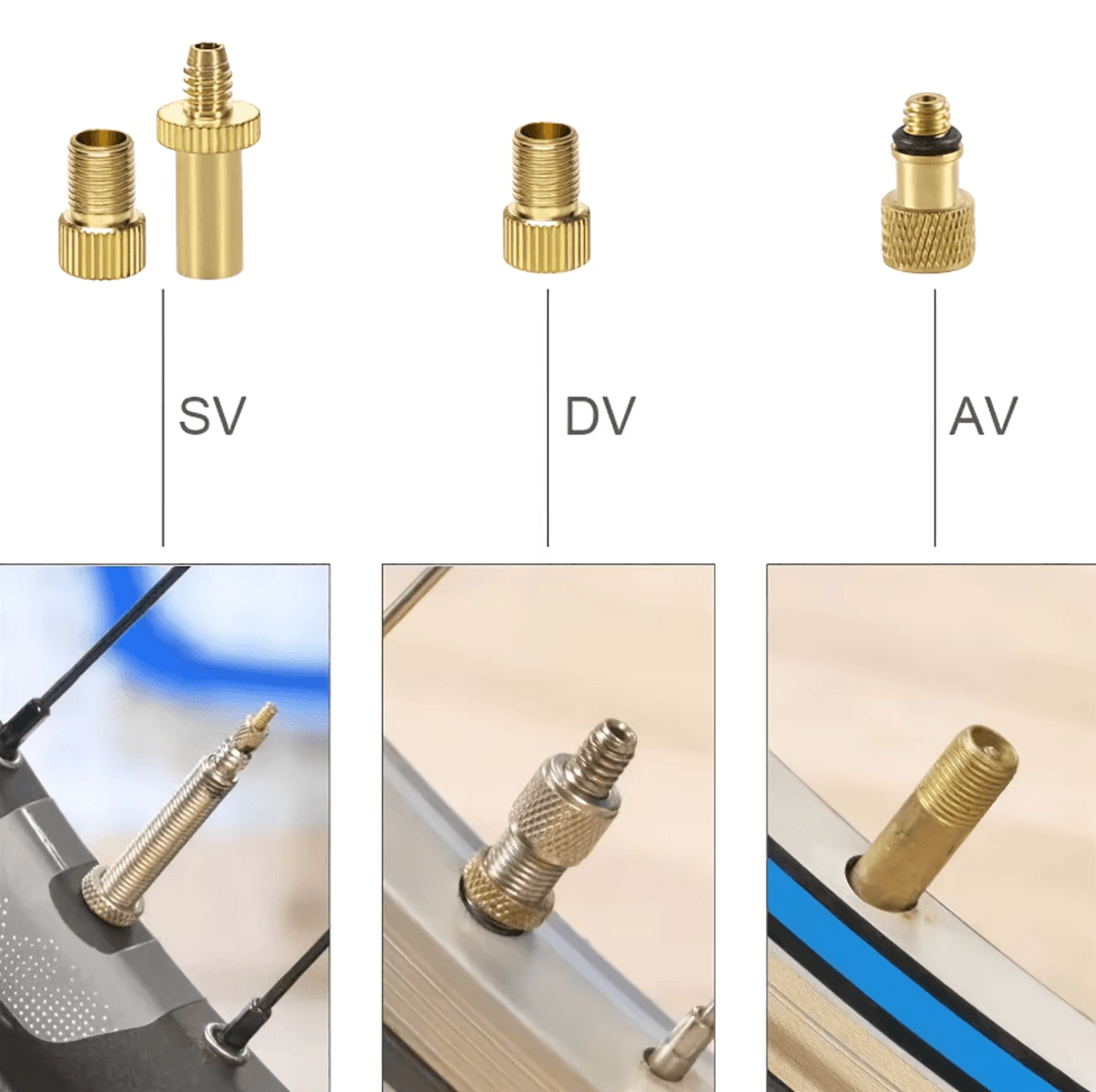16PCS Bicycle Valve Adapter Set Brass Presta Schrader DV AV SV Converters With Ball Pump Needles Fo 2
