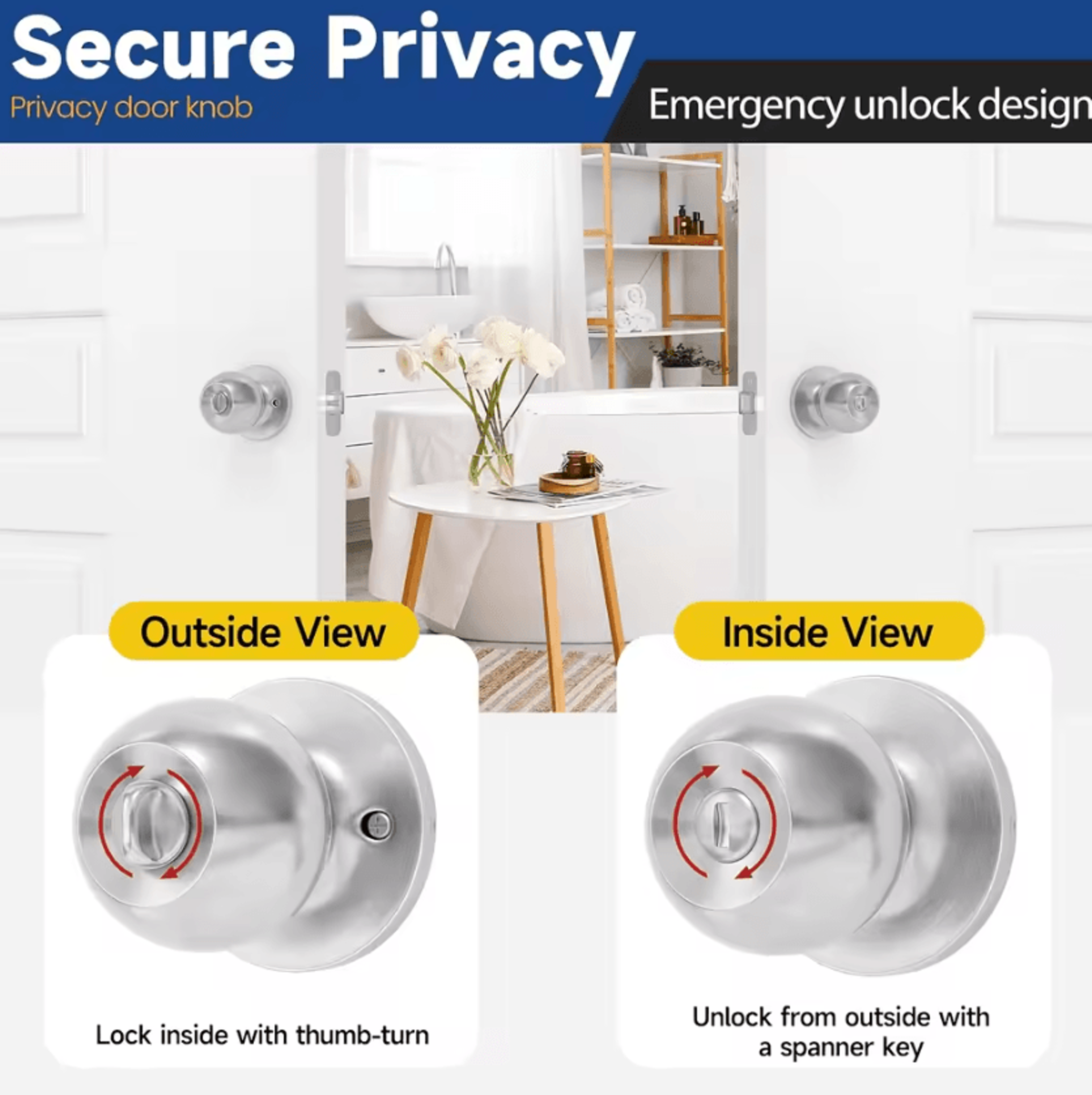 Satin Nickel Privacy Door Knob Keyless Interior Door Handle With Lock For Bedroom And Bathroom 3