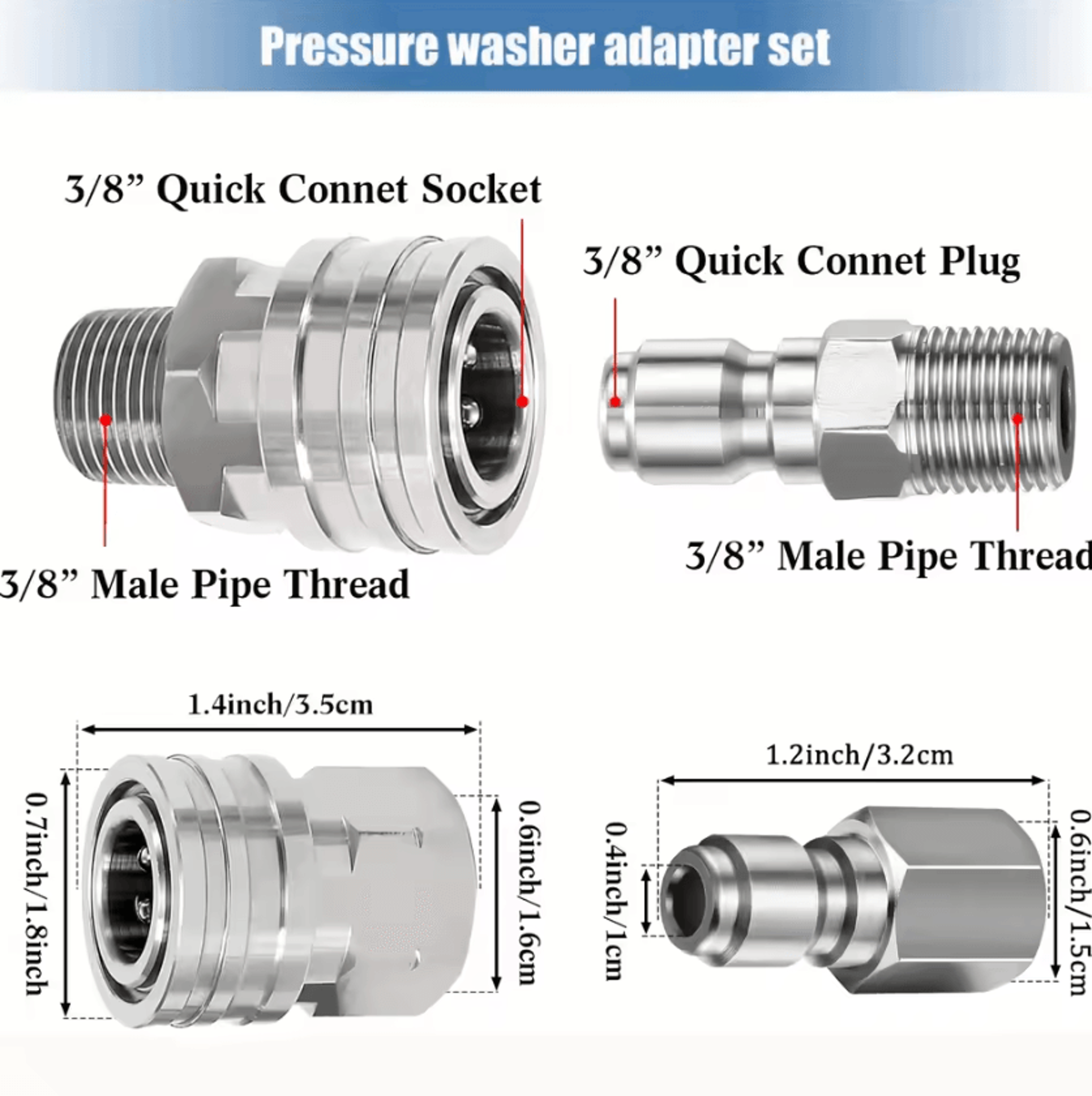 8PCS Stainless Steel Pressure Washer Quick Connect Fittings 38 Inch Male And Female Thread Adapter  1