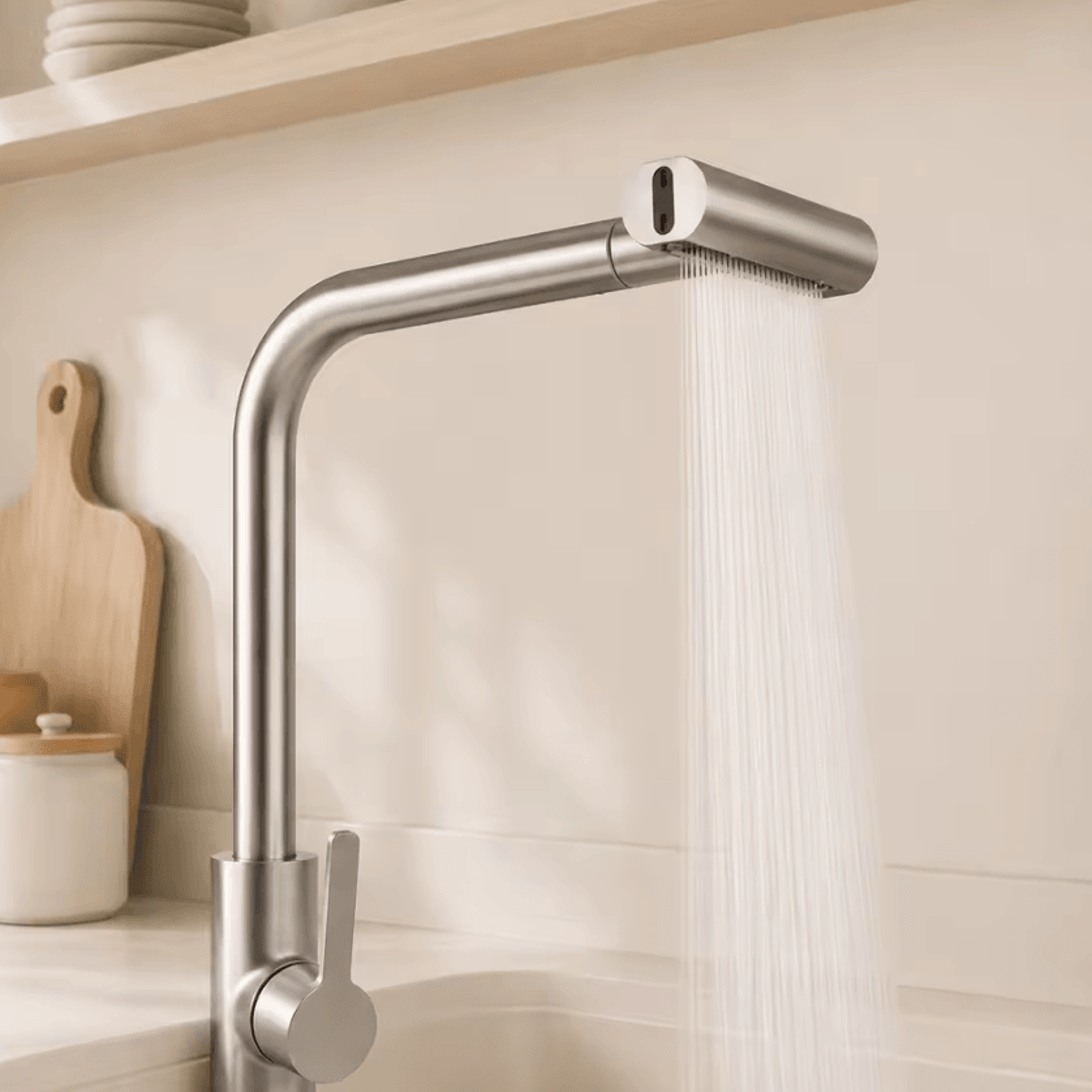 4Way Waterfall Sink Faucet With 360 Degree Swivel High Arc Spout And 4 Spray Modes Brushed Finish K 0