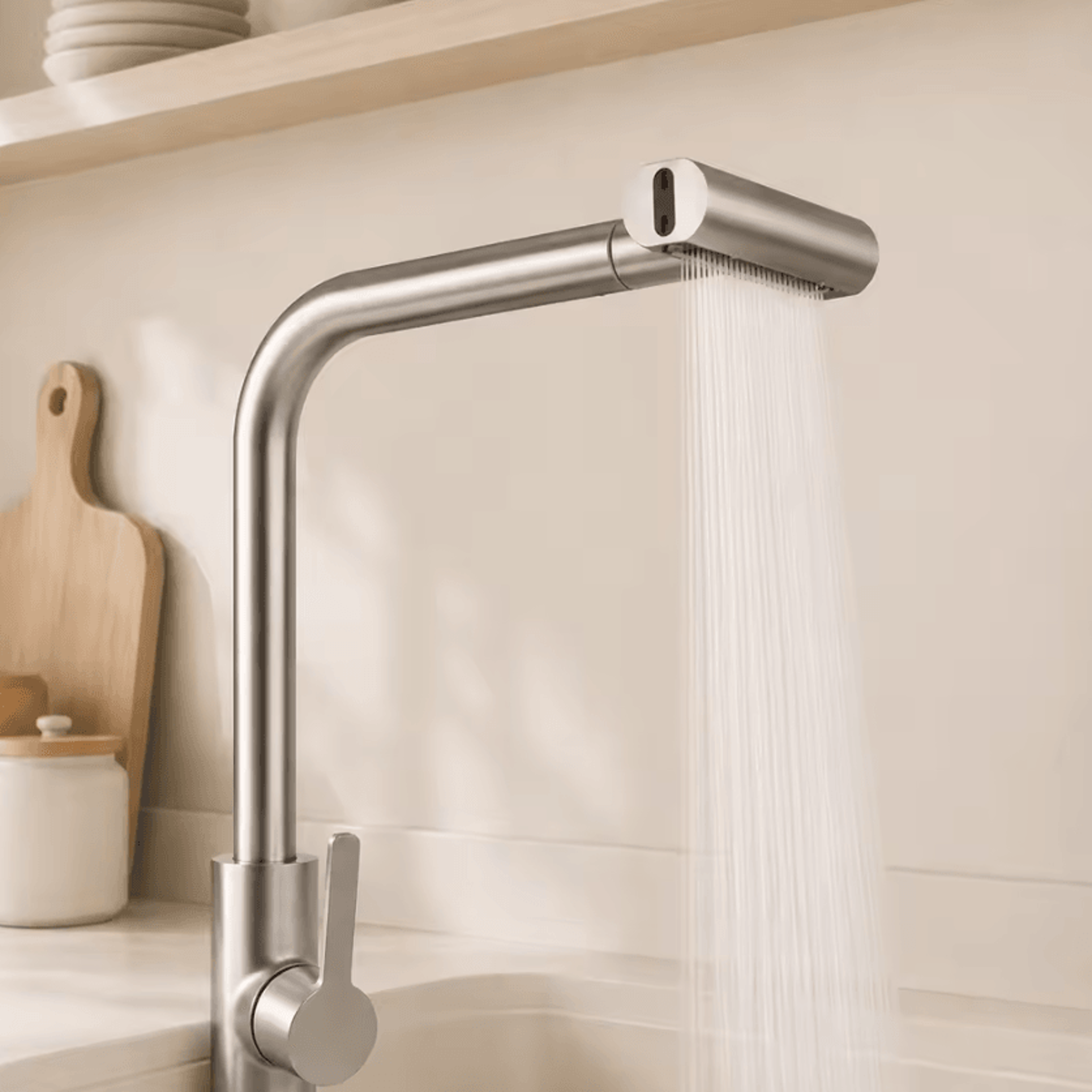 4Way Waterfall Sink Faucet With 360 Degree Swivel High Arc Spout And 4 Spray Modes Brushed Finish K 4