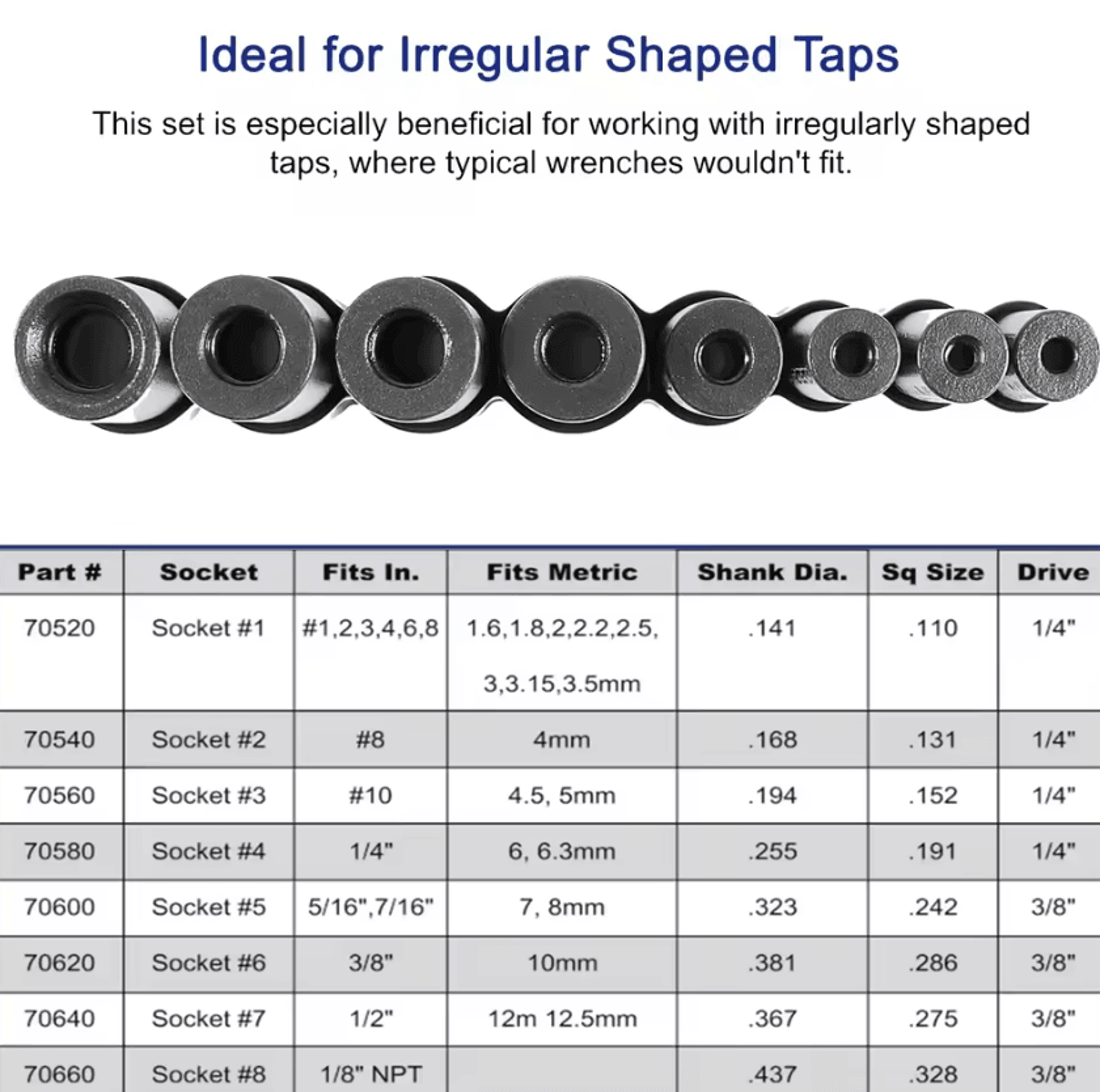 8PCS 70500 Tap Socket Set 14 And 38 Inch Drive Thread Tap Adapter Kit For Metric SAE And NPT Taps 1