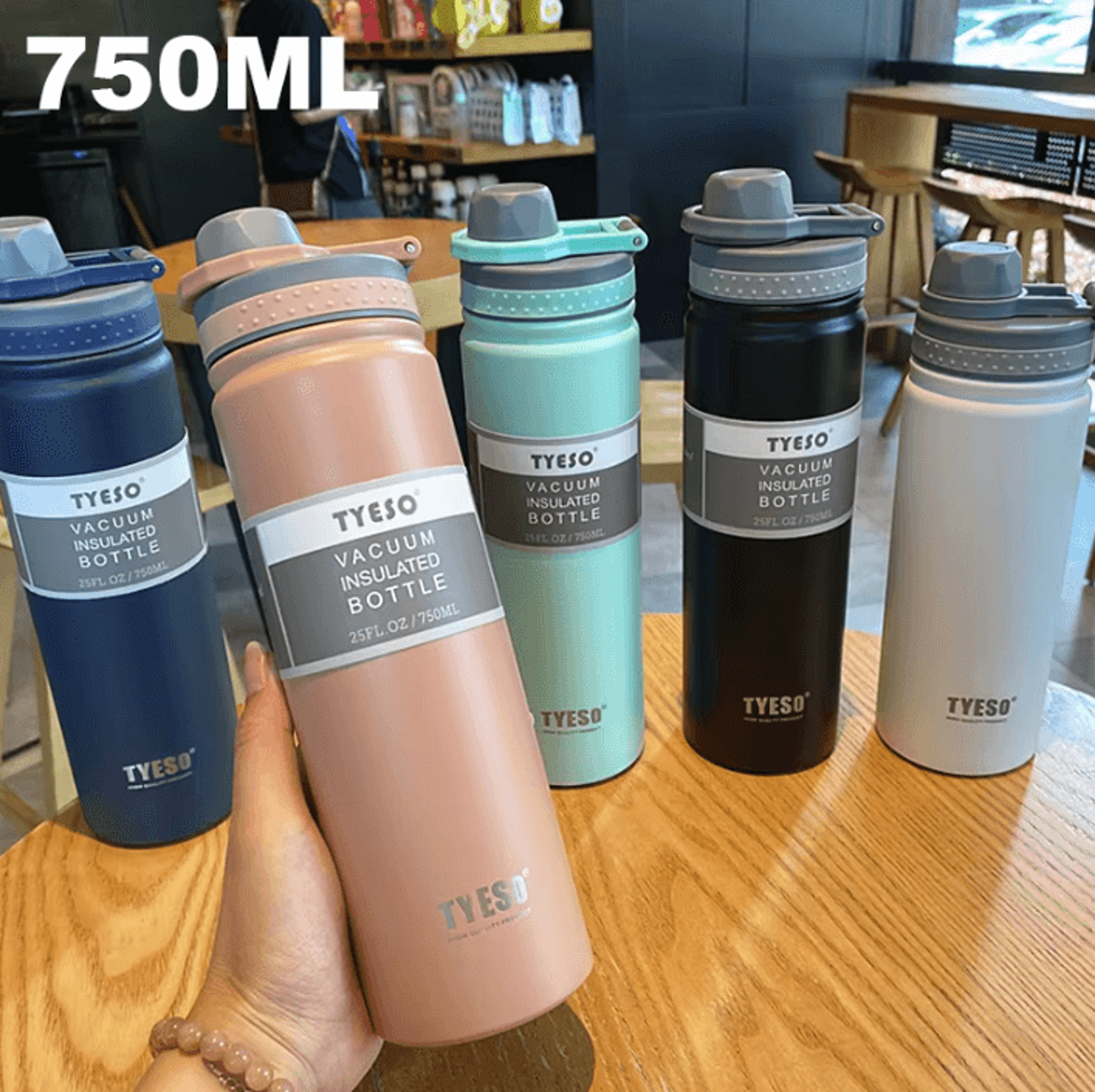 Tyeso 750ML Stainless Steel Vacuum Insulated Water Bottle Portable Thermos Flask For Travel Coffee  0