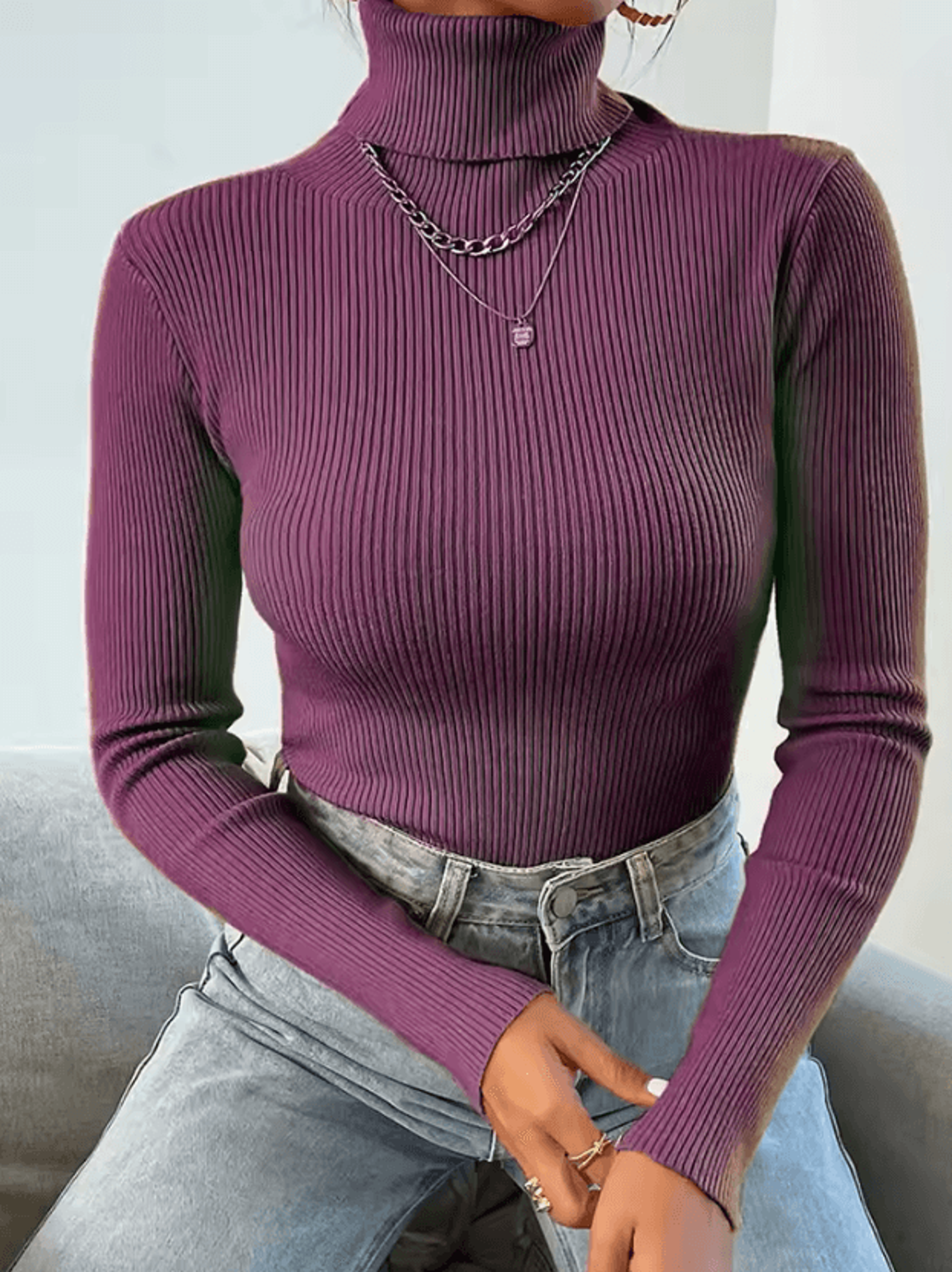 Womens Ribbed Knitted Turtleneck Sweater Long Sleeve Foldover Neck Pullover For Autumn And Winter 6