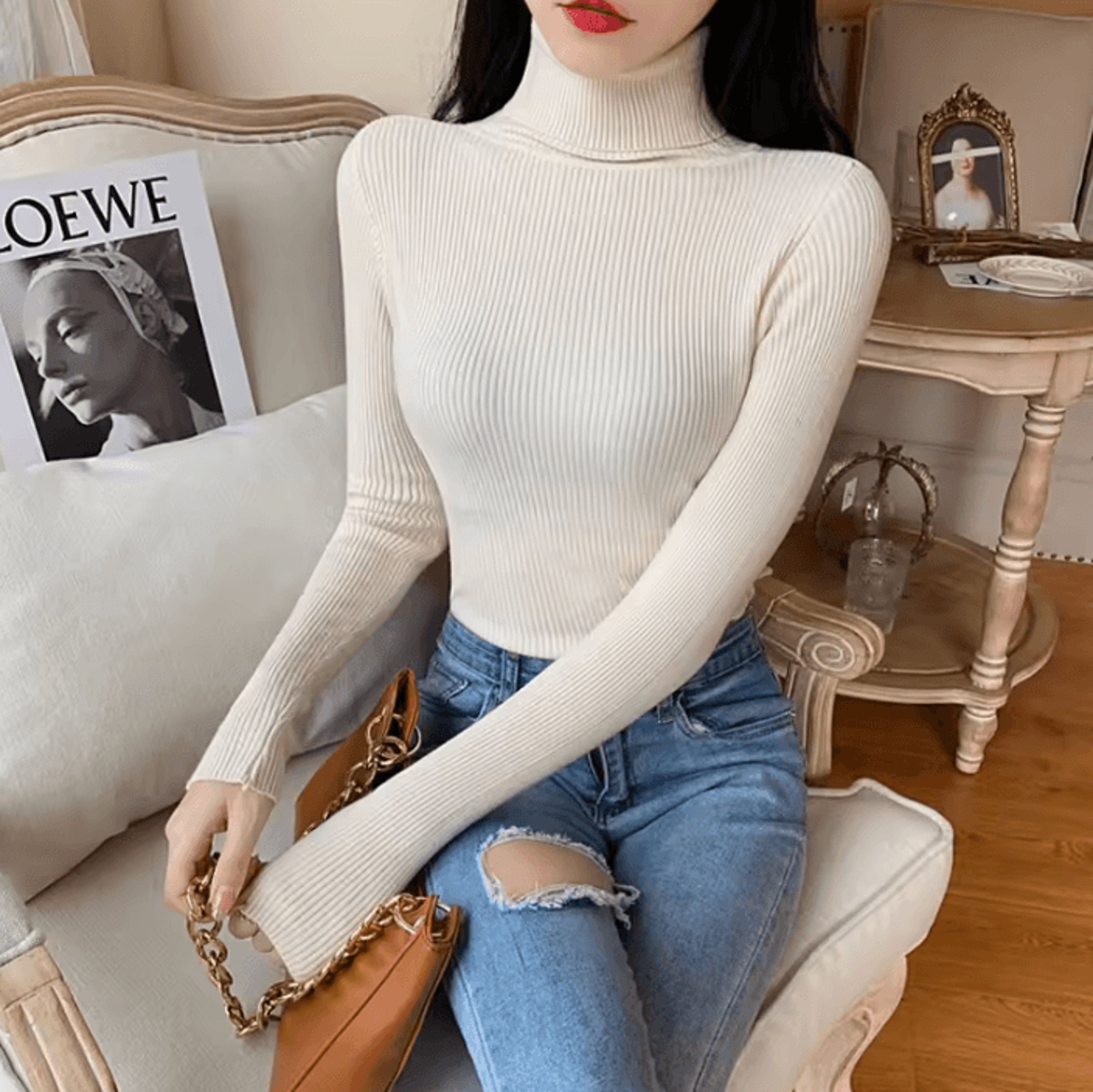 Womens Ribbed Knitted Turtleneck Sweater Long Sleeve Foldover Neck Pullover For Autumn And Winter 5